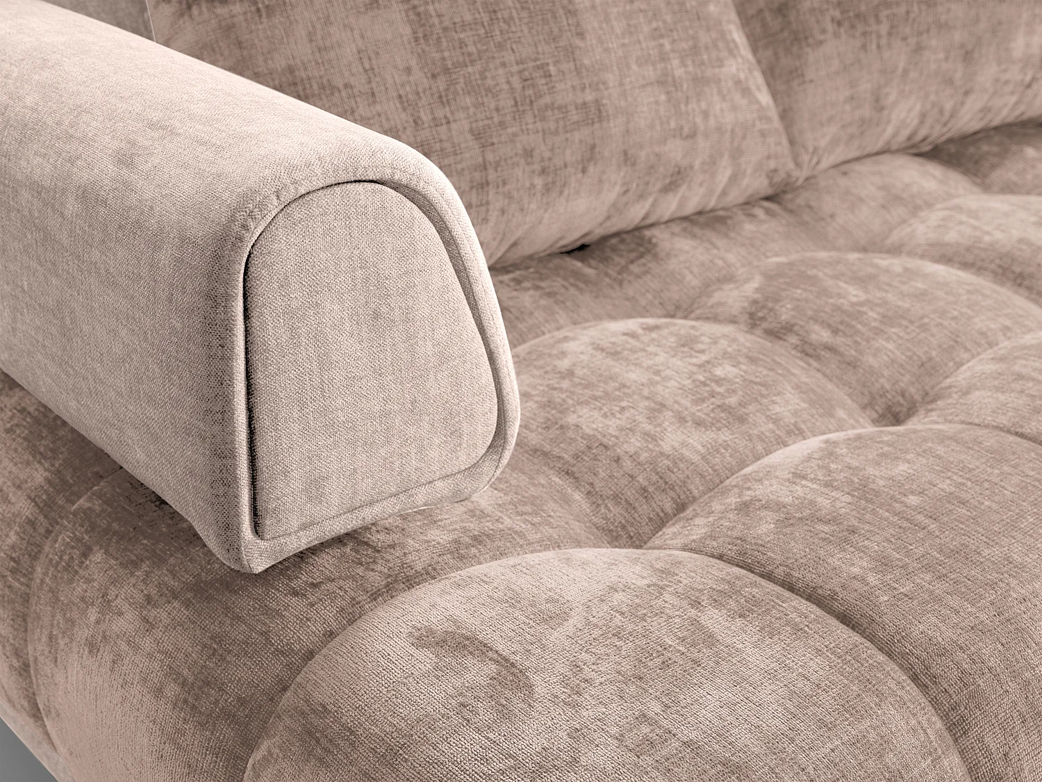 Slaapbank met hoek rechts van taupegrijze stof en velours NIVORIA