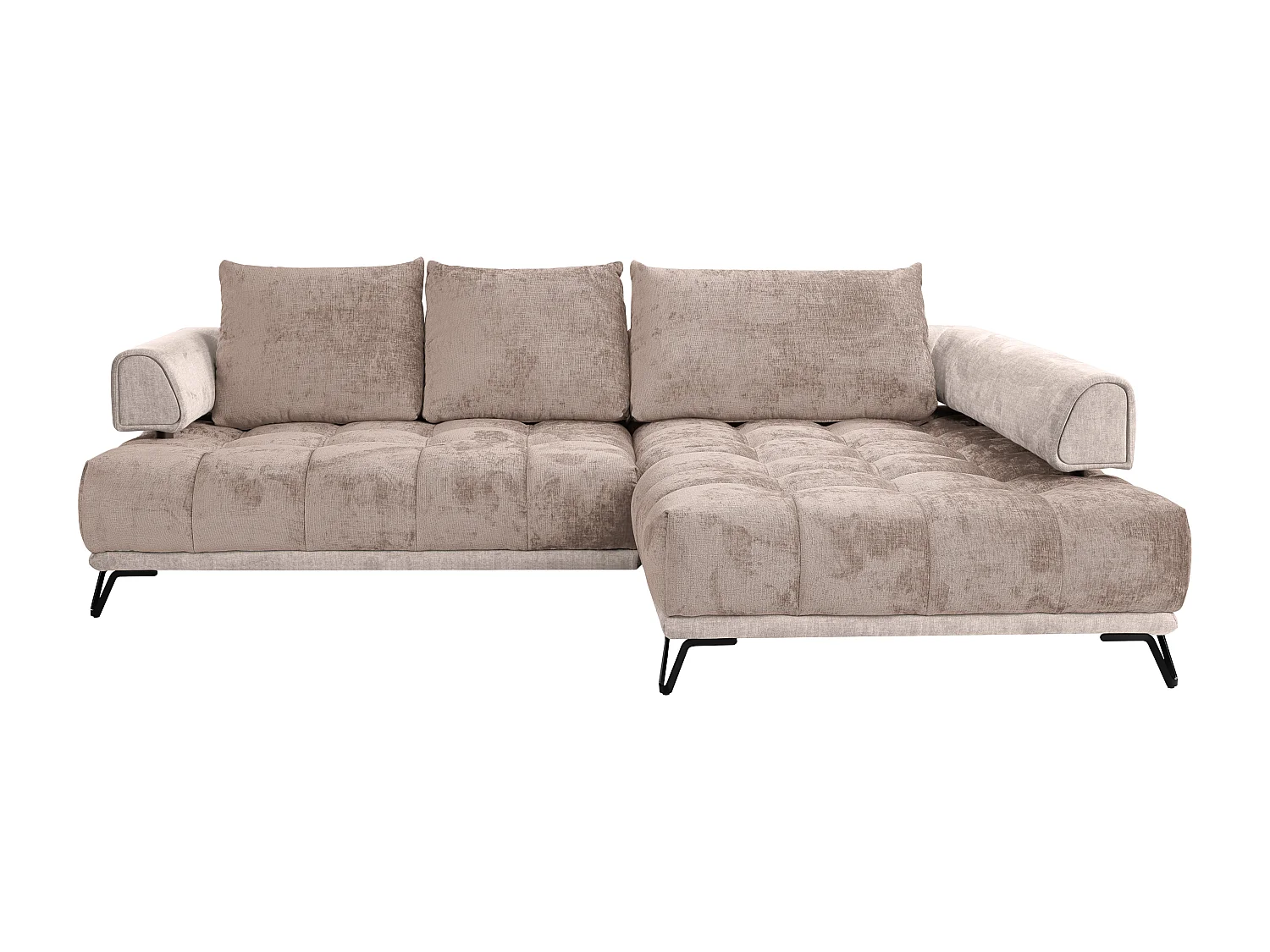 Slaapbank met hoek rechts van taupegrijze stof en velours NIVORIA