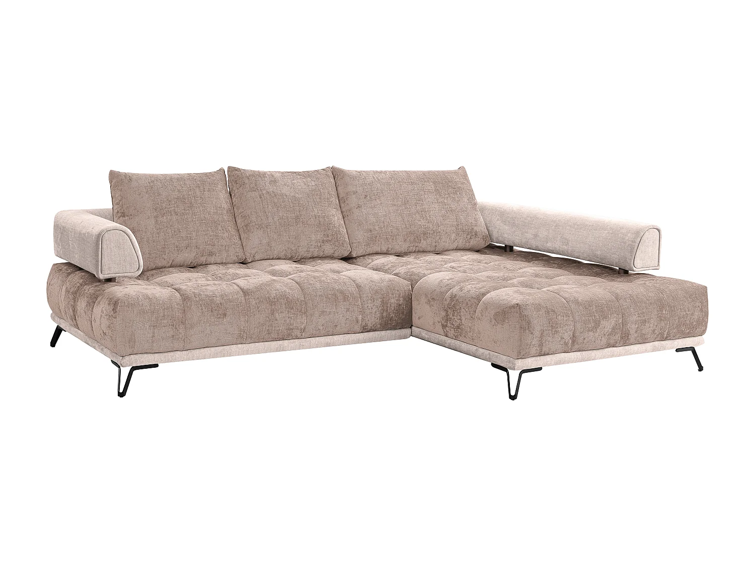 Slaapbank met hoek rechts van taupegrijze stof en velours NIVORIA