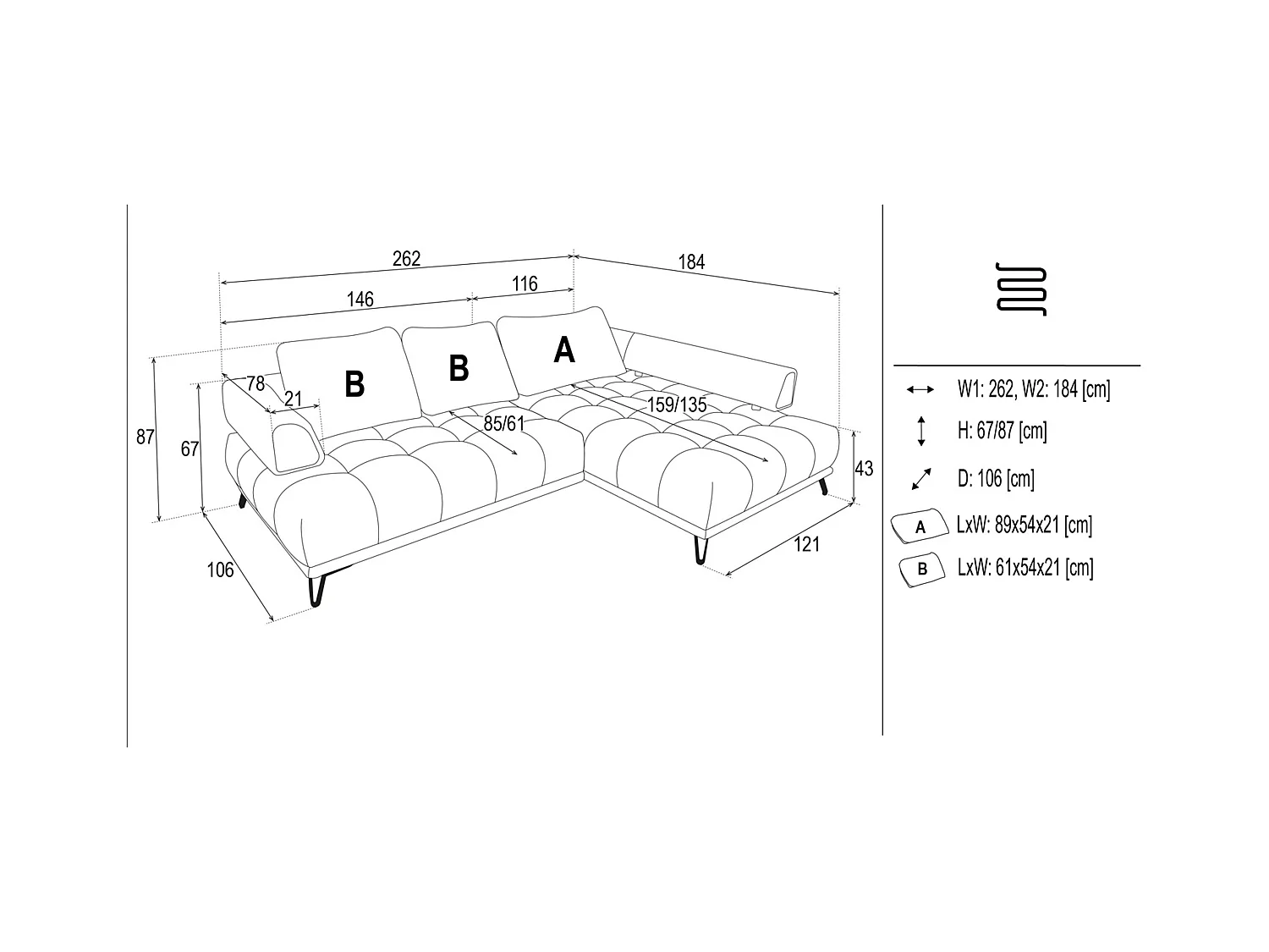 Sofá rinconera derecho de tela y terciopelo color beige NIVORIA