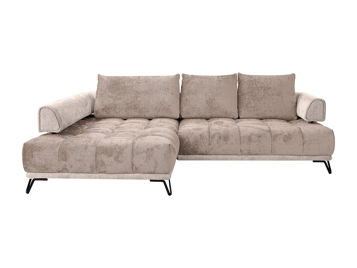 Slaapbank met hoek links van taupegrijze stof en velours NIVORIA