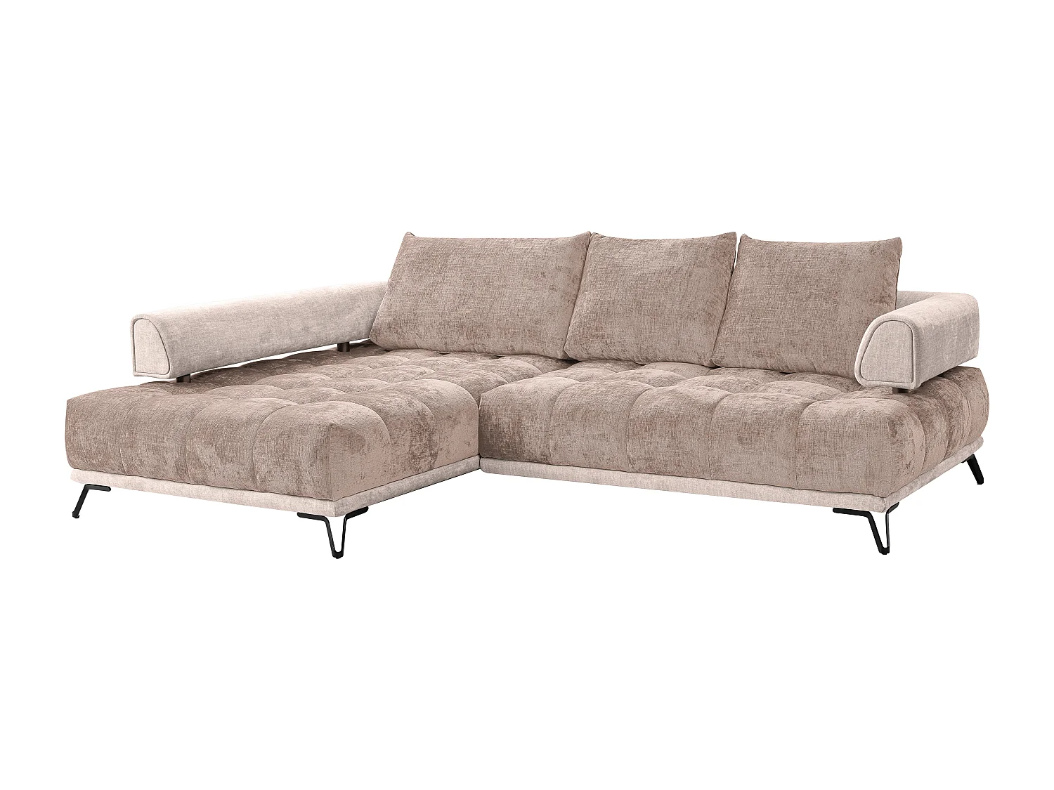 Slaapbank met hoek links van taupegrijze stof en velours NIVORIA