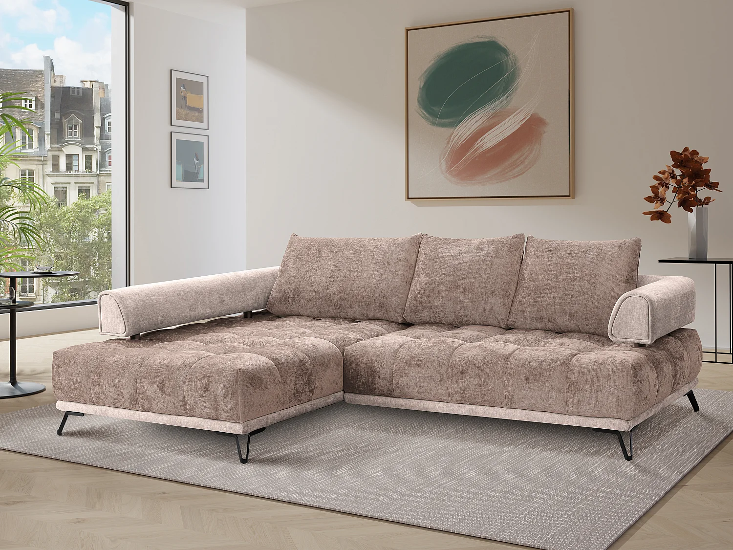 Canapé d'angle gauche en tissu chenille et velours taupe NIVORIA