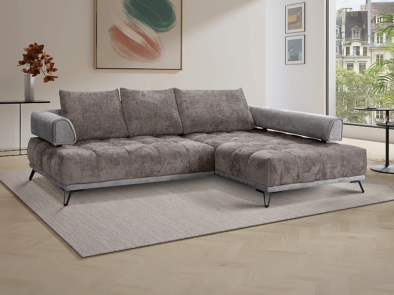 Ecksofa - Ecke rechts - Chenille-Stoff & Samt - Grau - NIVORIA