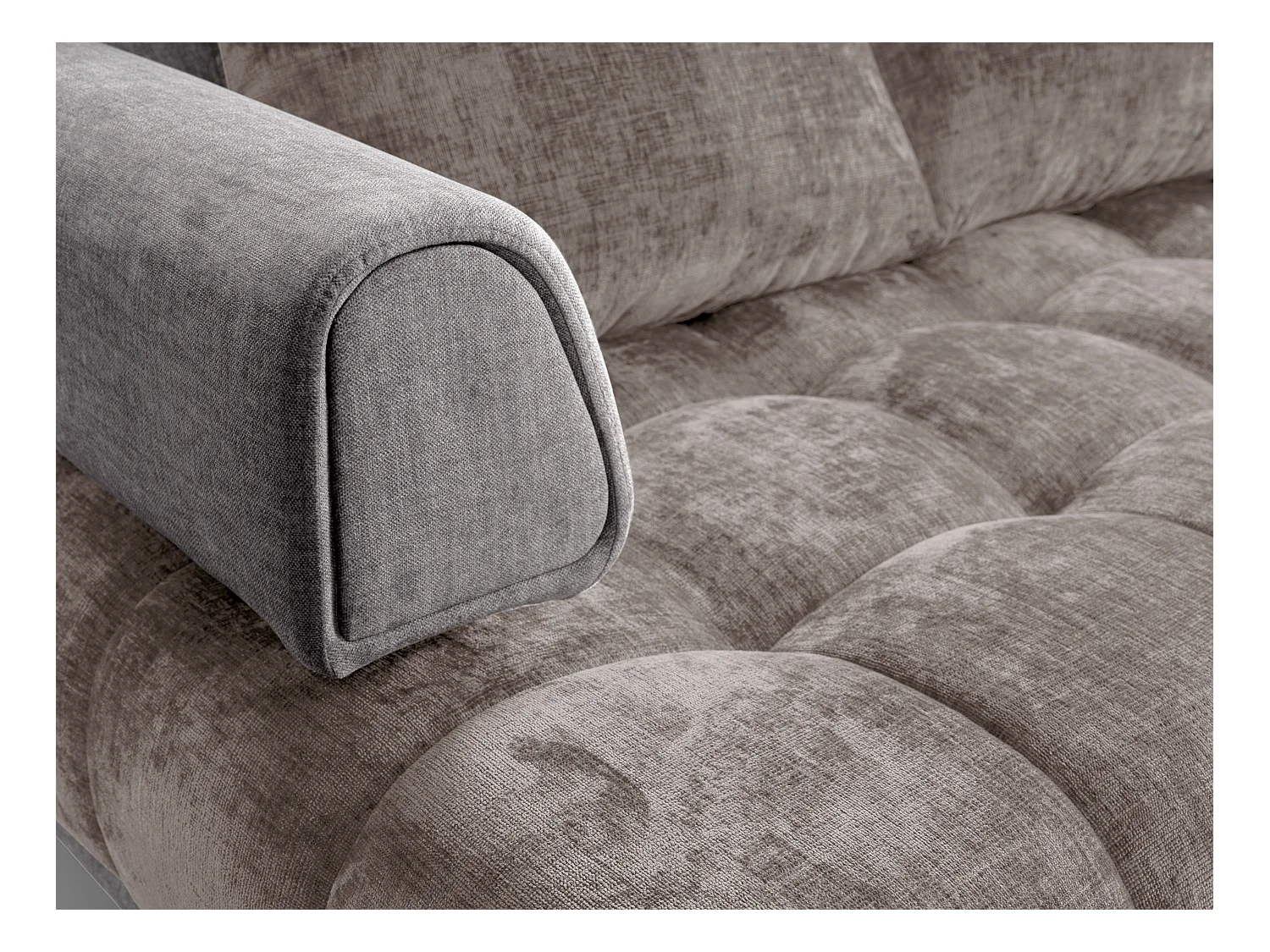 Slaapbank met hoek rechts van grijze stof en velours NIVORIA