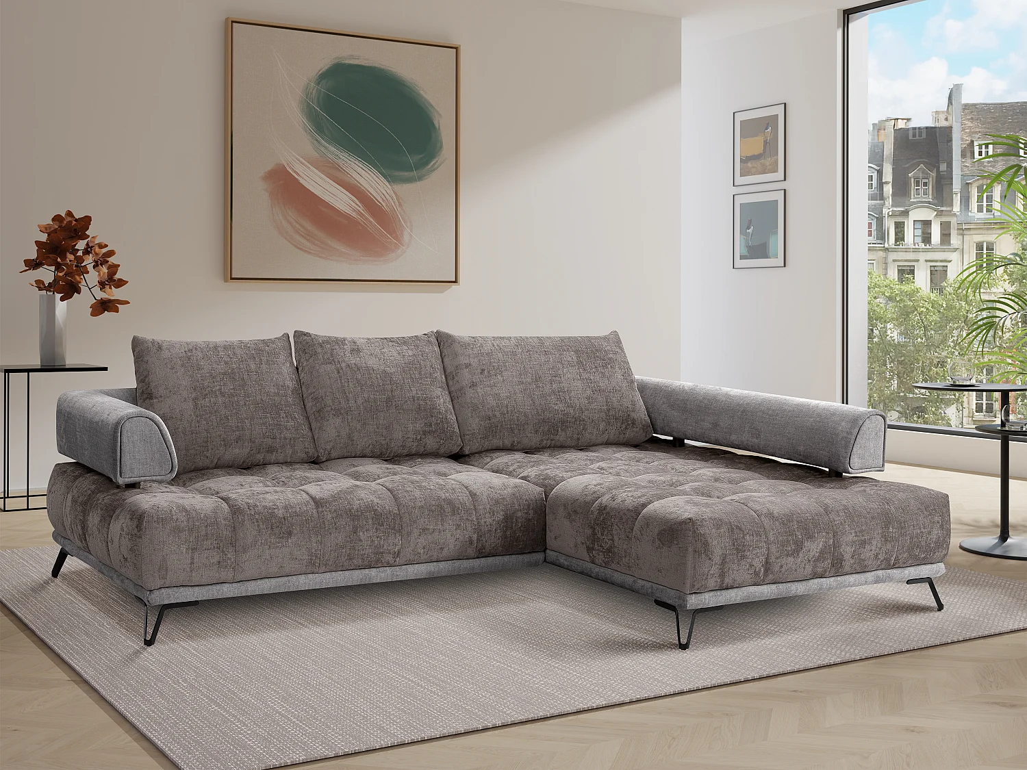 Canapé d'angle droit en tissu chenille et velours gris NIVORIA