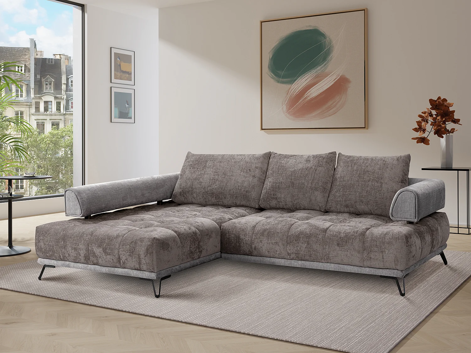 Canapé d'angle gauche en tissu chenille et velours gris NIVORIA