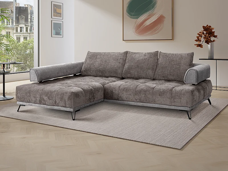 Sofa med venstrehjørne i chenillestoff og grå fløyel NIVORIA