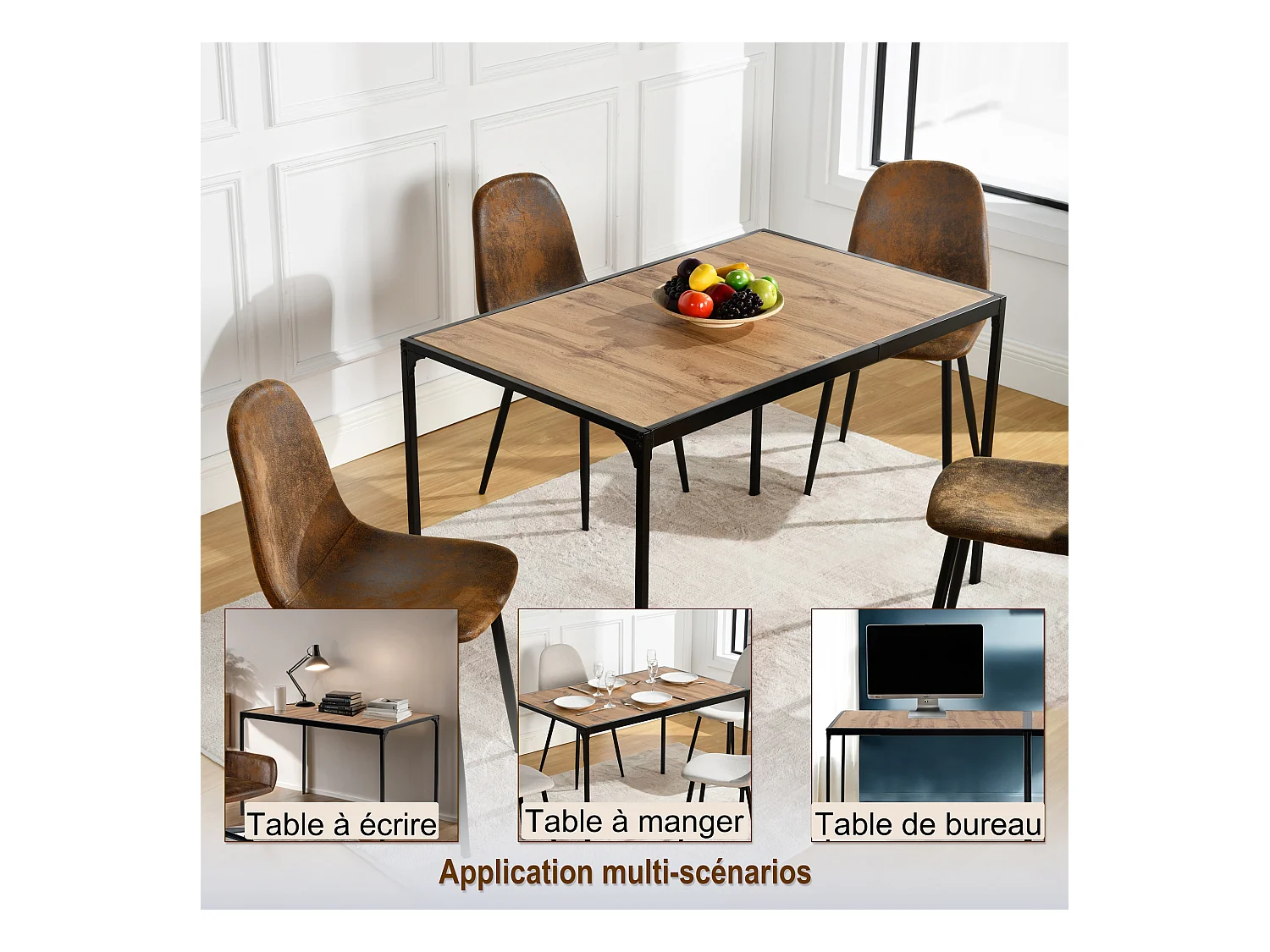 URBAN MEUBLE Table de salle à manger rectangulaire effet bois de style industriel pieds noirs 120x75cm