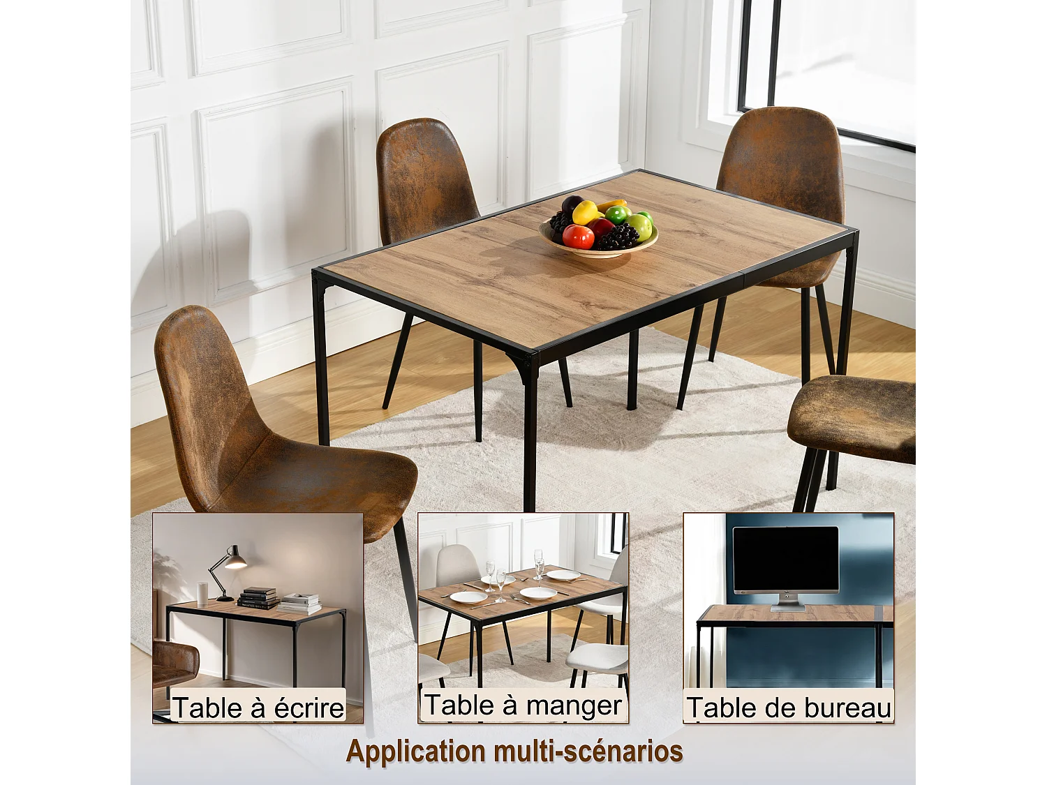 URBAN MEUBLE Table de salle à manger rectangulaire effet bois de style industriel pieds noirs 120x75cm