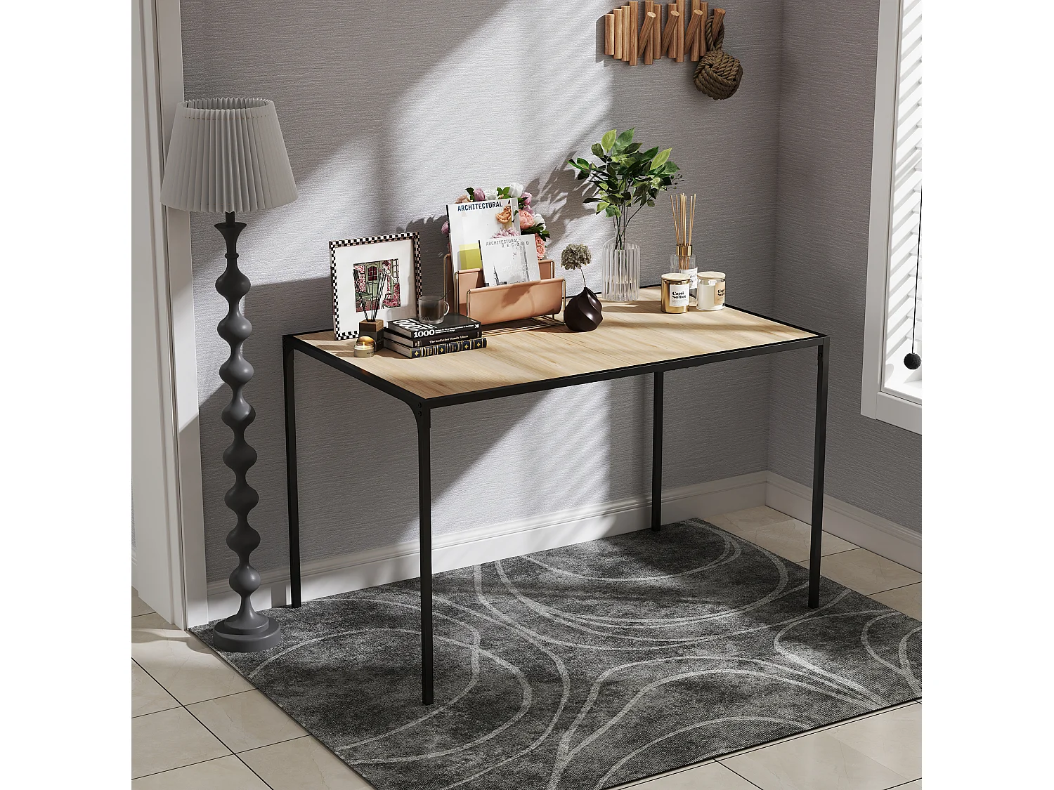 URBAN MEUBLE Table de salle à manger rectangulaire effet bois de style industriel pieds noirs 120x75cm