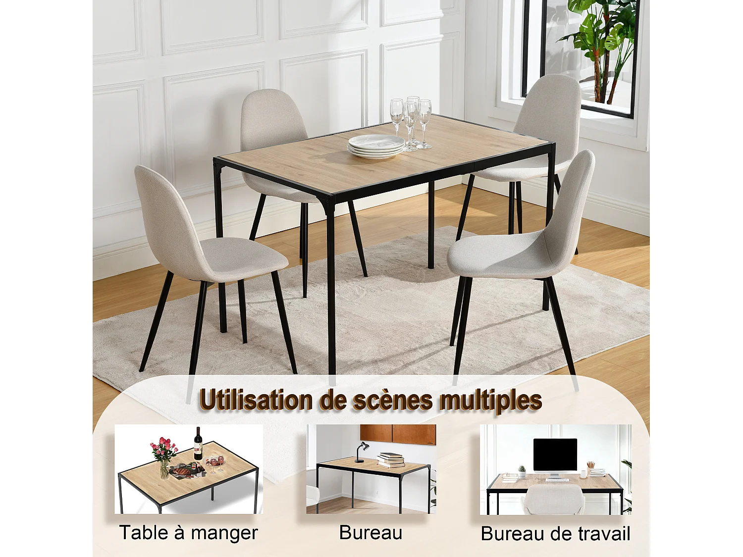 URBAN MEUBLE Table de salle à manger rectangulaire effet chêne de style industriel pieds noirs 120x75cm