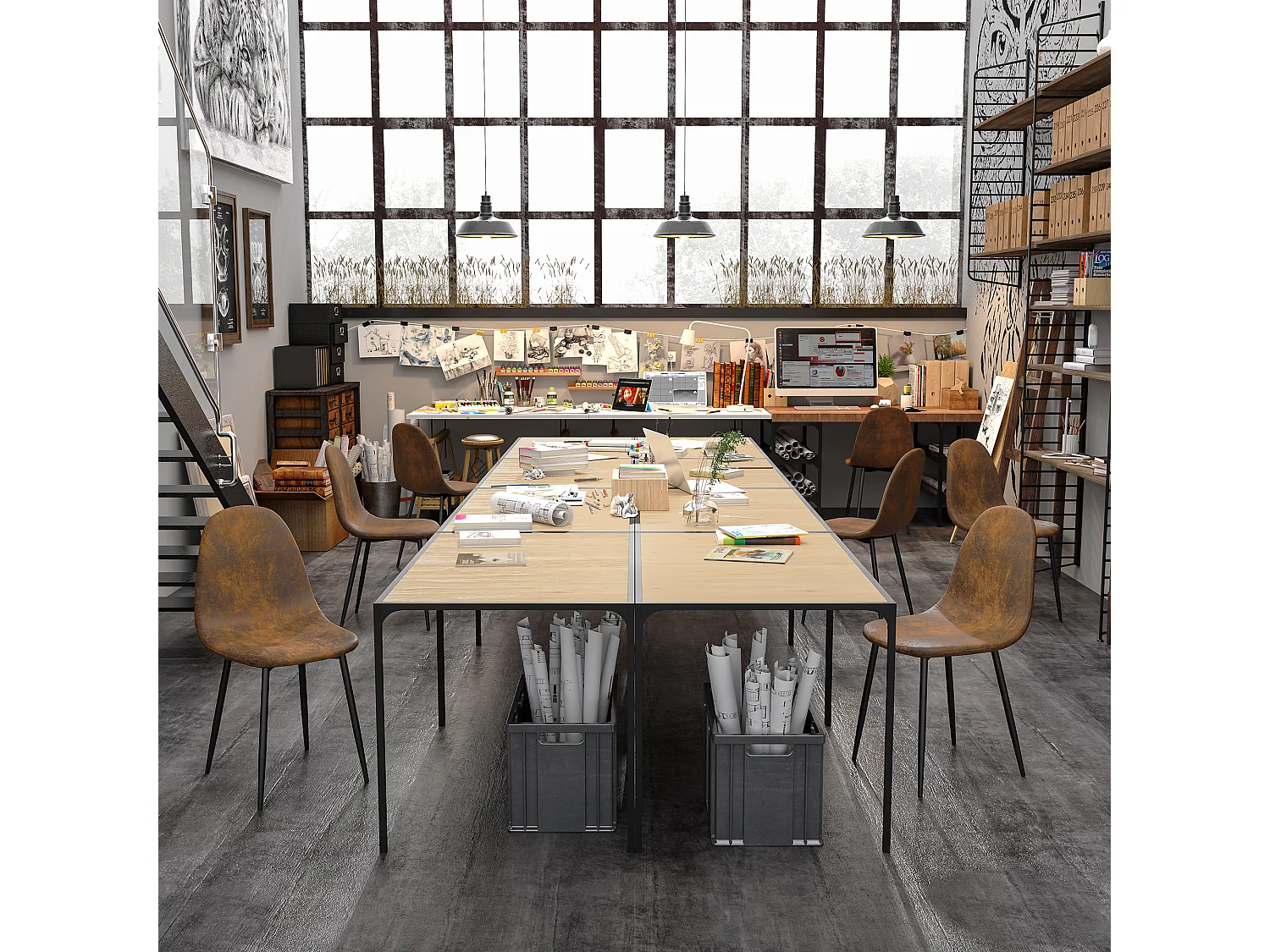 URBAN MEUBLE Table de salle à manger rectangulaire effet chêne de style industriel pieds noirs 120x75cm