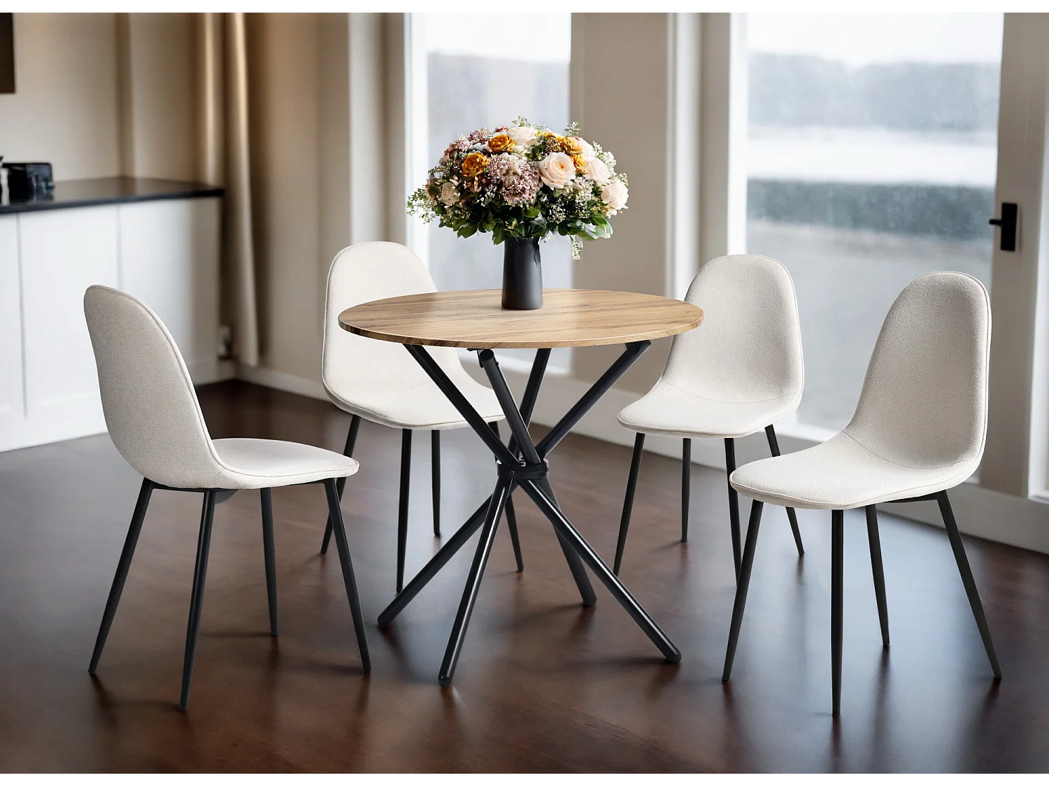 URBAN MEUBLE Table de salle à manger ronde effet bois pieds ronds croisés 80x80cm FONTANA KD 80CM DARK