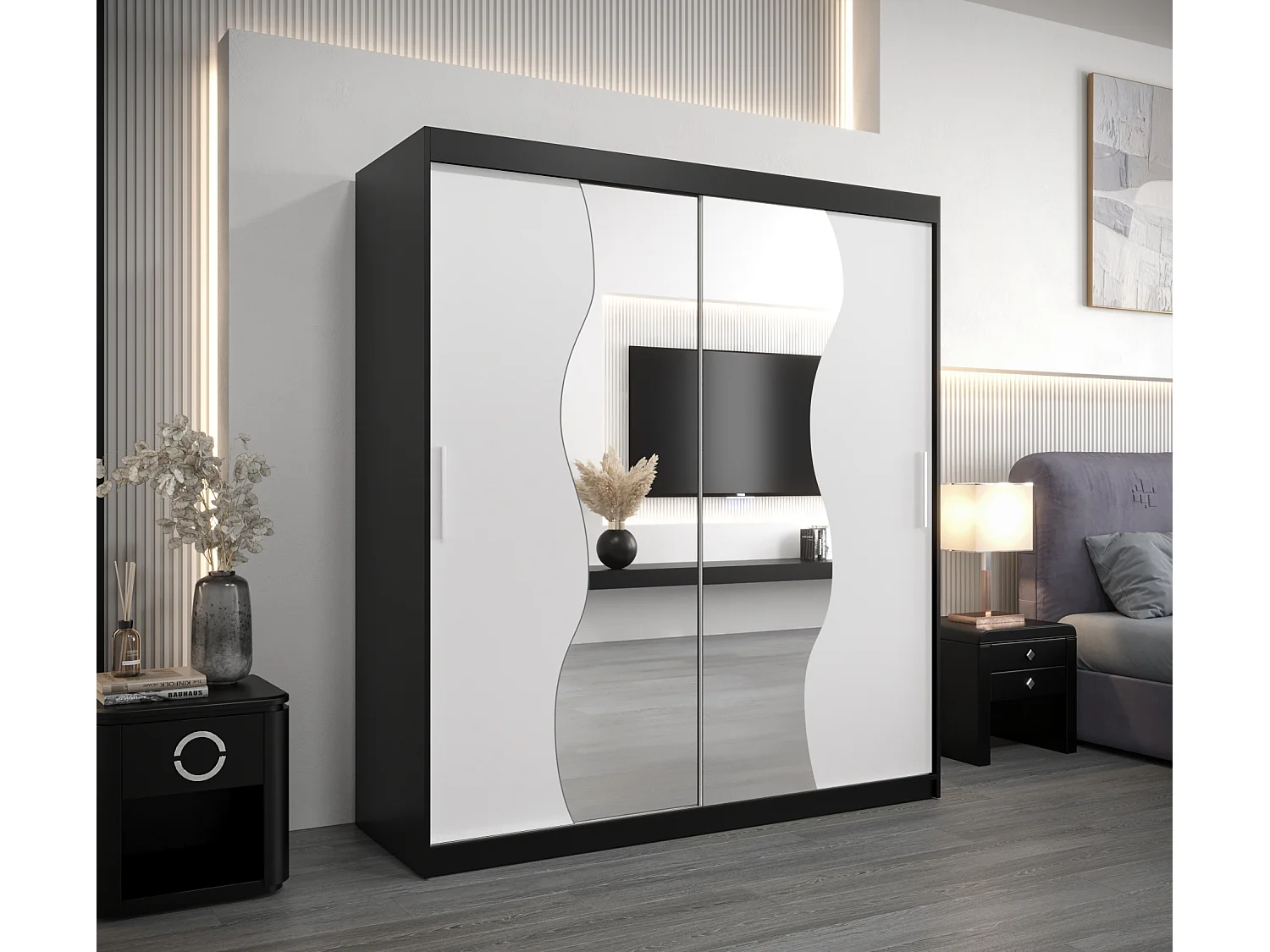 SCHWEBETÜRENSCHRANK MADRYT 200/180/62 2-türig (Schwarz/Weiß)