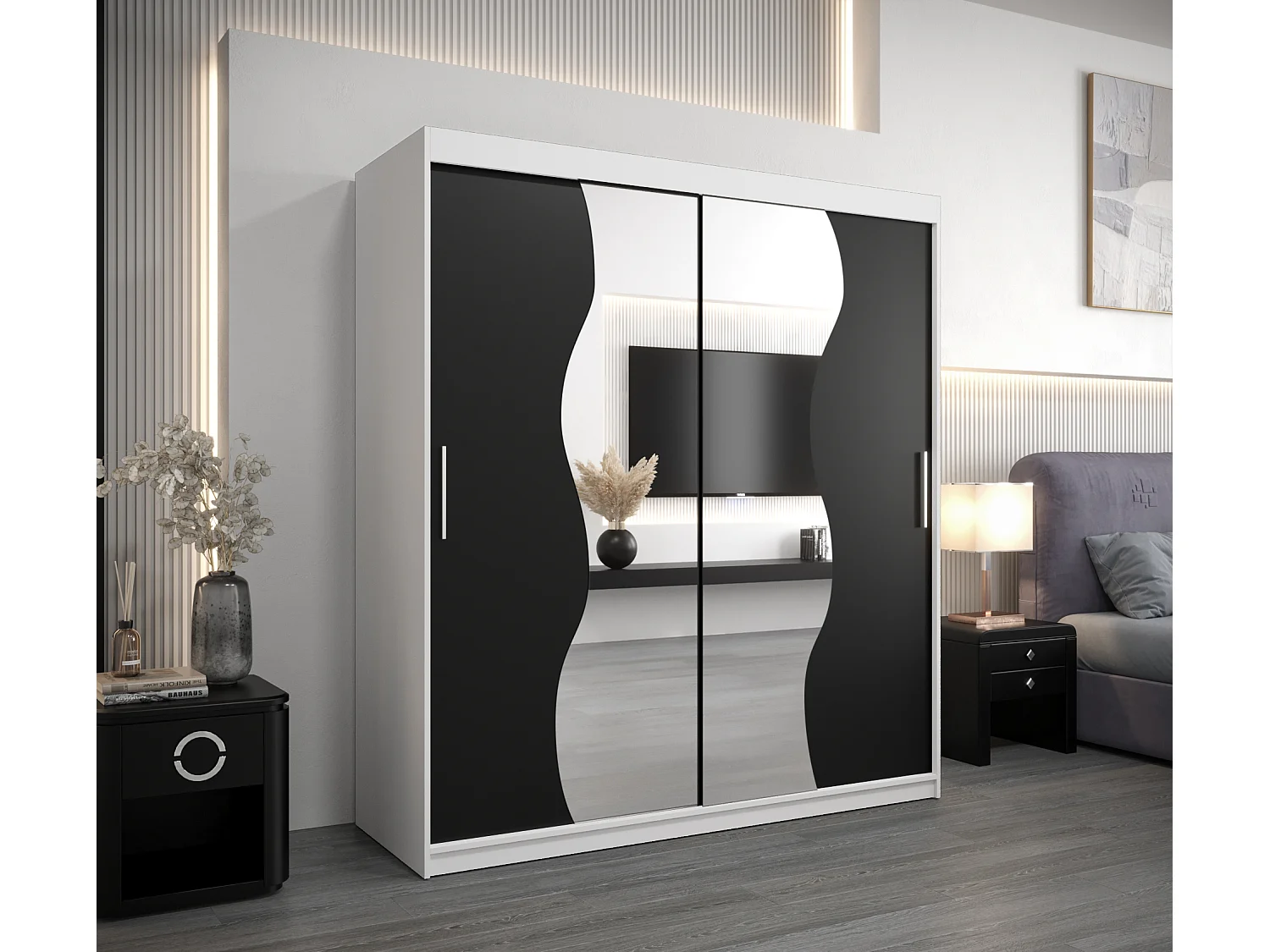 ARMOIRE MADRYT À PORTES COULISSANTES 200/180/62 2 Portes (Blanc/Noir)