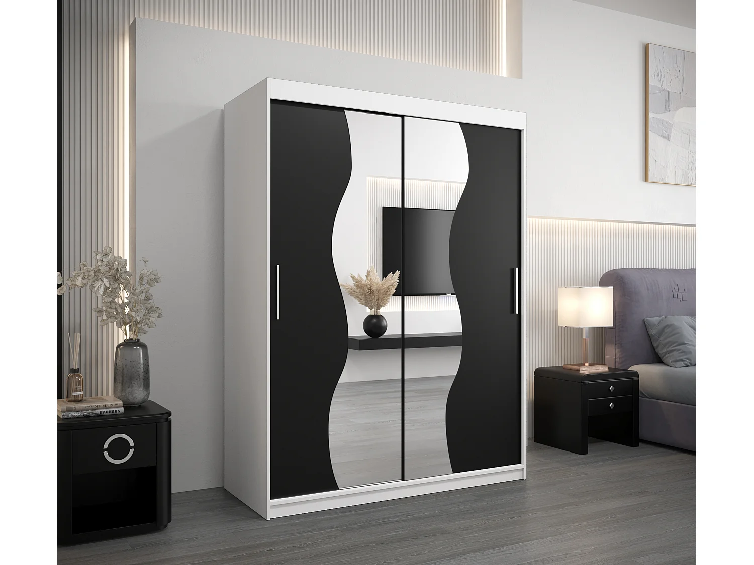 ARMOIRE MADRYT À PORTES COULISSANTES 200/150/62 2 Portes (Blanc/Noir)