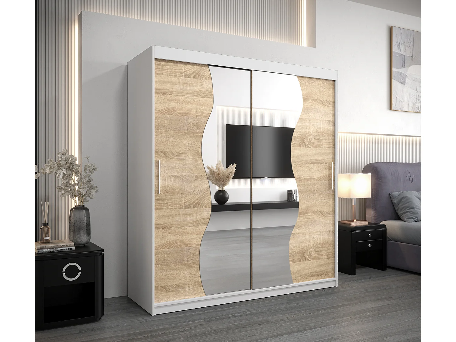 MADRYT KLEDINGKAST MET SCHUIFDEUREN 200/180/62 2 deuren (wit/sonoma)