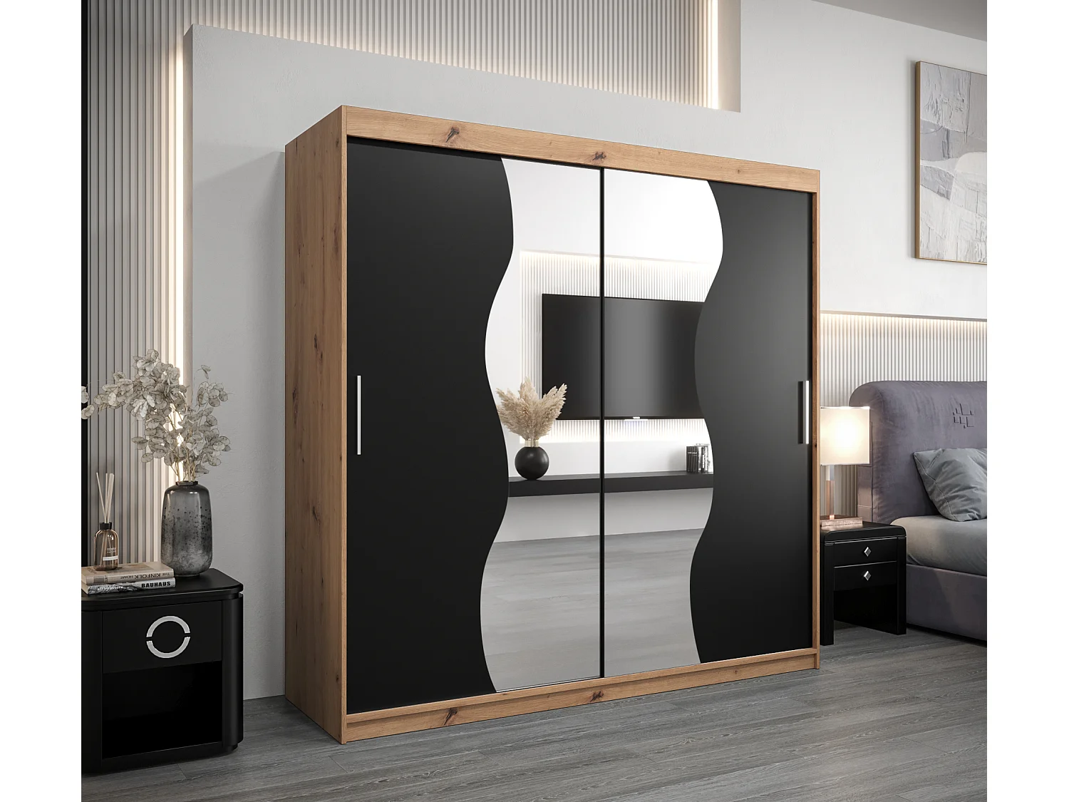 ARMOIRE MADRYT À PORTES COULISSANTES 200/200/62 2 Portes (Artisan/Noir)