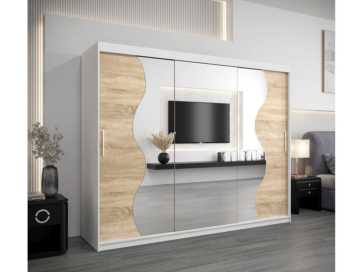 ARMOIRE MADRYT À PORTES COULISSANTES 200/250/62 3 Portes (Blanc/Sonoma)