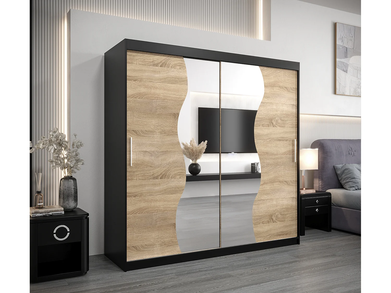 MADRYT KLEDINGKAST MET SCHUIFDEUREN 200/200/62 2 deuren (zwart/sonoma)