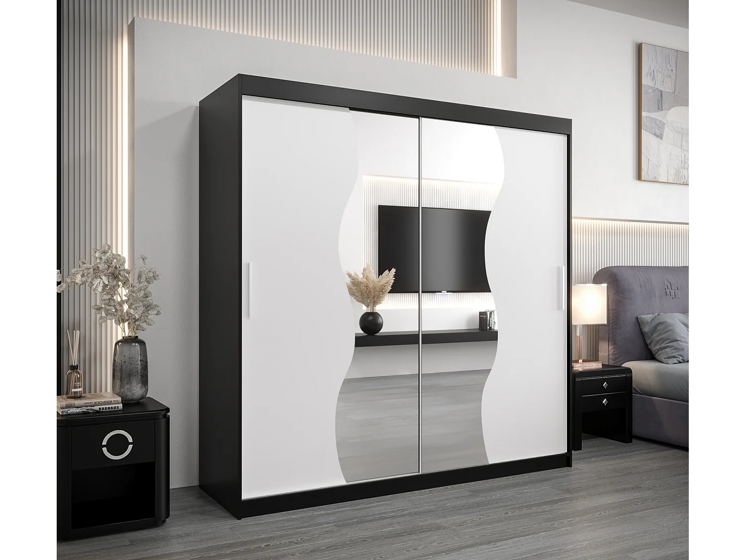 ARMOIRE MADRYT À PORTES COULISSANTES 200/200/62 2 Portes (Noir/Blanc)