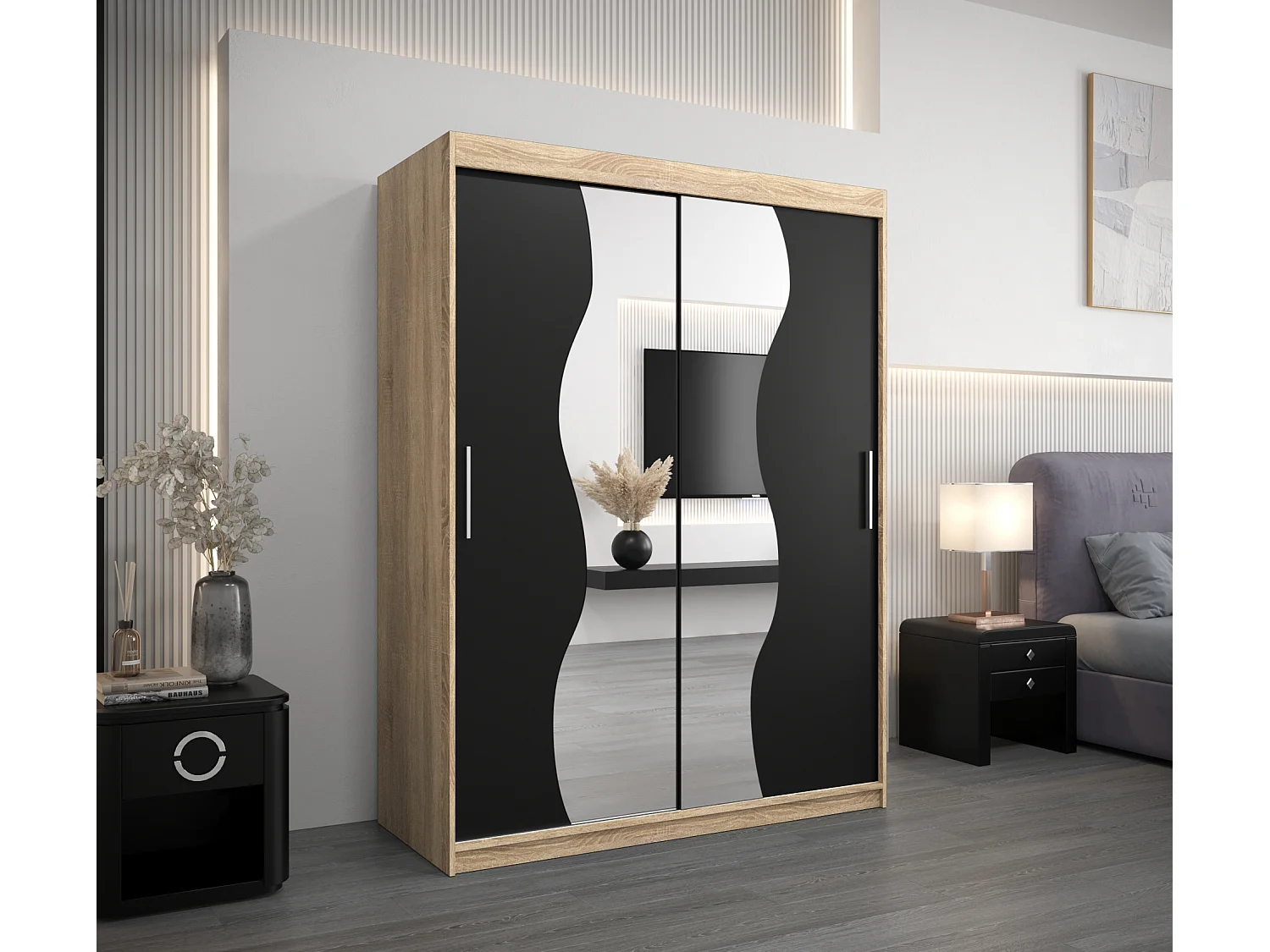 ARMADIO MADRYT AD ANTE SCORREVOLI 200/150/62 2 porte (Sonoma/Nero)