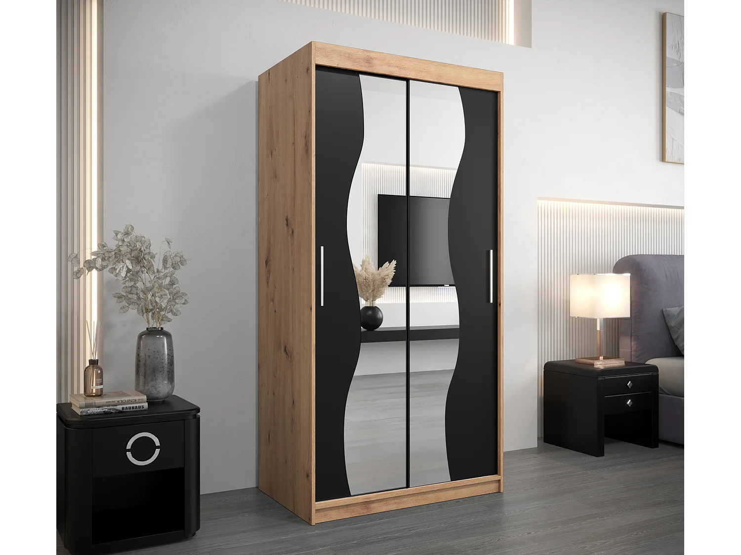 ARMOIRE MADRYT À PORTES COULISSANTES 200/100/62 2 Portes (Artisan/Noir)