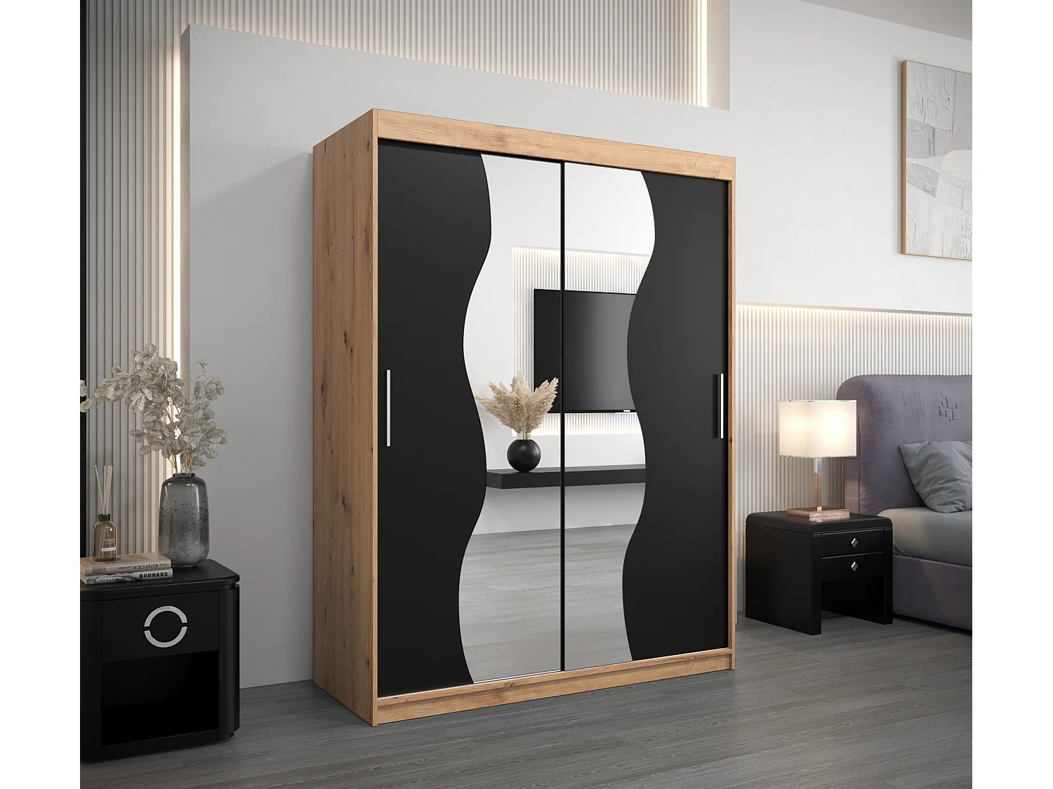 ARMOIRE MADRYT À PORTES COULISSANTES 200/150/62 2 Portes (Artisan/Noir)