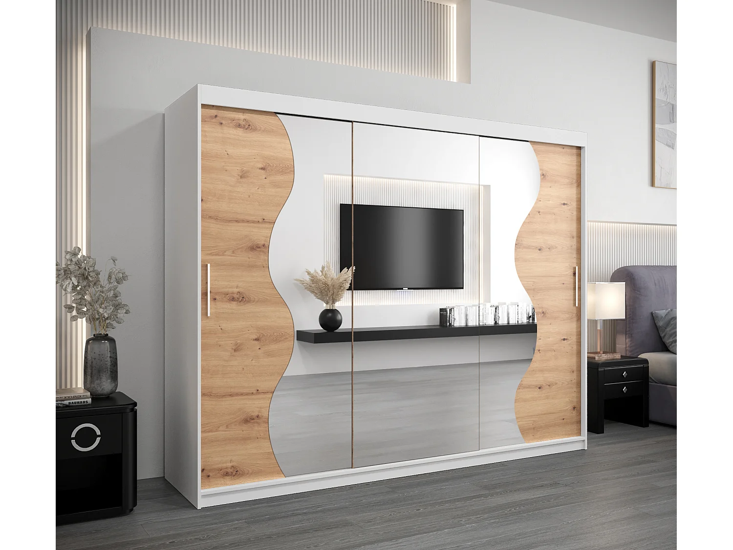 ARMOIRE MADRYT À PORTES COULISSANTES 200/250/62 3 Portes (Blanc/Artisan)