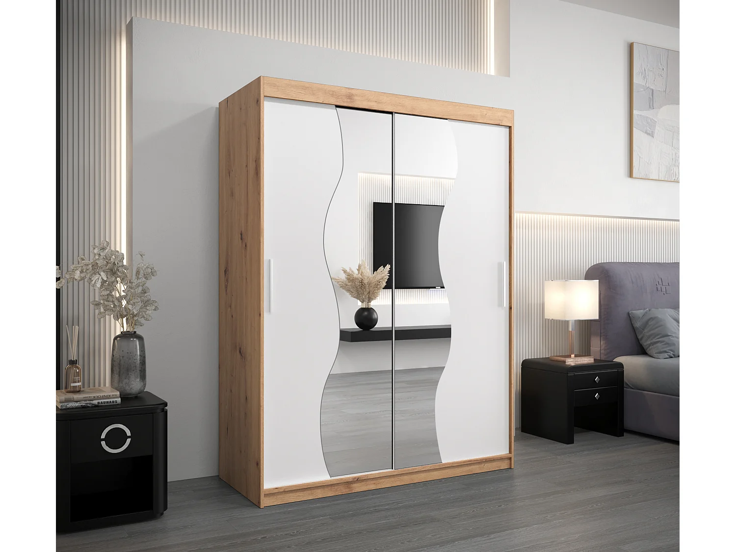 ARMOIRE MADRYT À PORTES COULISSANTES 200/150/62 2 Portes (Artisan/Blanc)