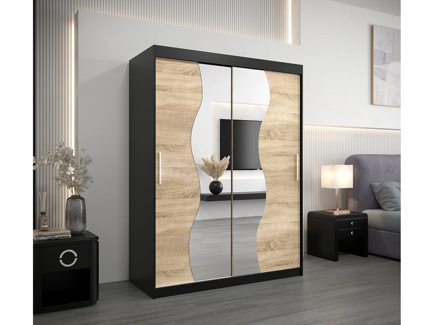 ARMADIO MADRYT AD ANTE SCORREVOLI 200/150/62 2 porte (Nero/Sonoma)