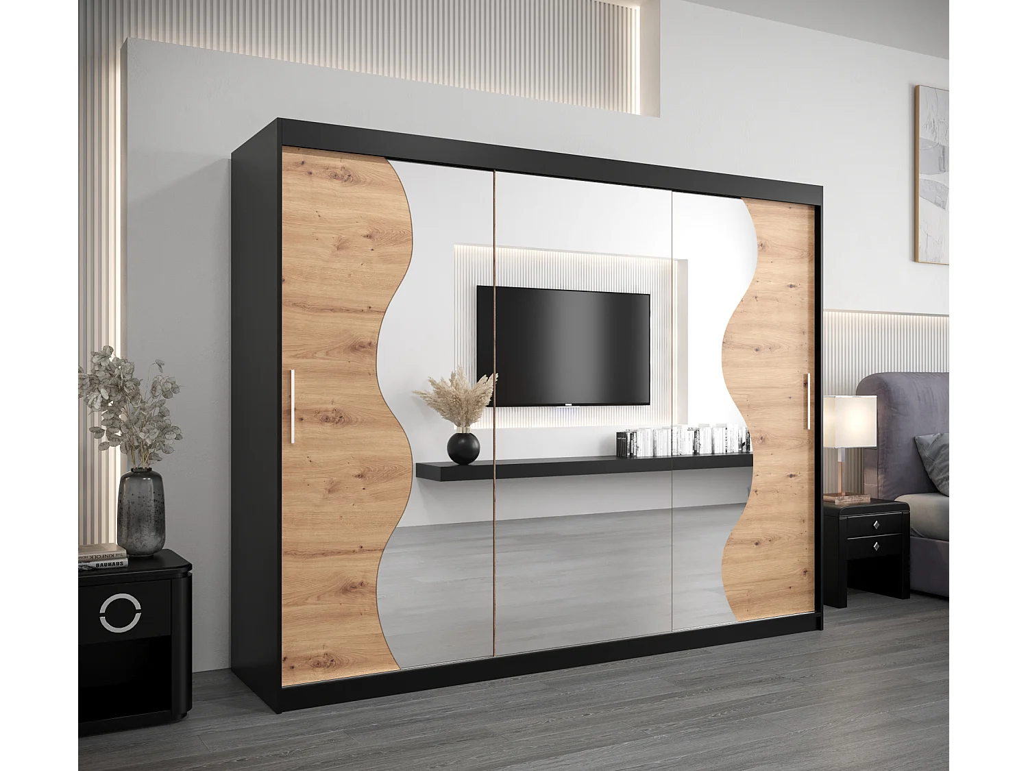 ARMOIRE MADRYT À PORTES COULISSANTES 200/250/62 3 Portes (Noir/Artisan)