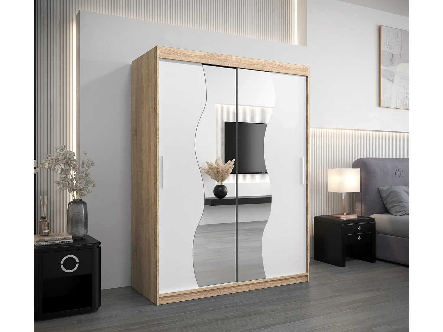 ARMOIRE MADRYT À PORTES COULISSANTES 200/150/62 2 Portes (Sonoma/Blanc)