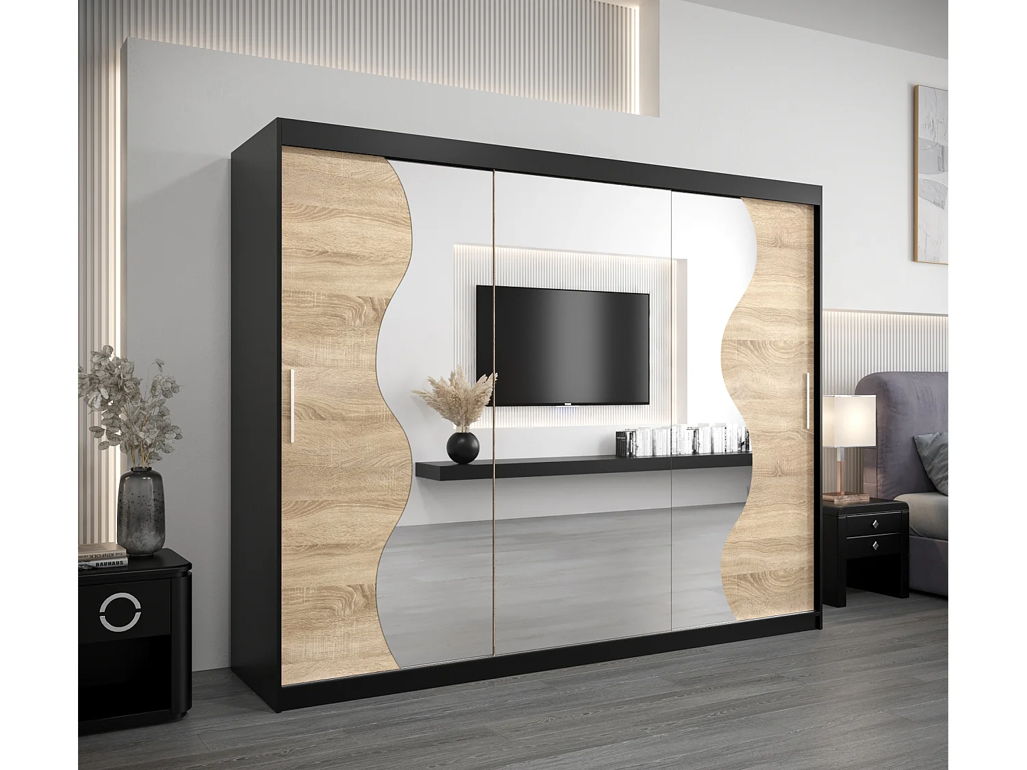 MADRYT KLEDINGKAST MET SCHUIFDEUREN 200/250/62 3 deuren (zwart/sonoma)