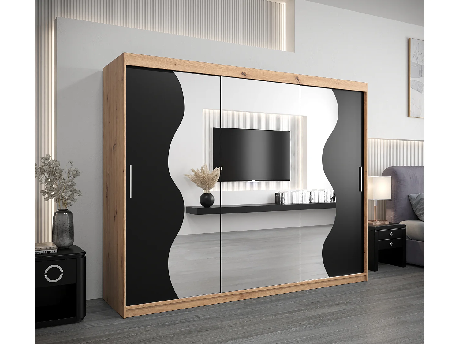 SCHWEBETÜRENSCHRANK MADRYT 200/250/62 3-türig (Artisan/Schwarz)