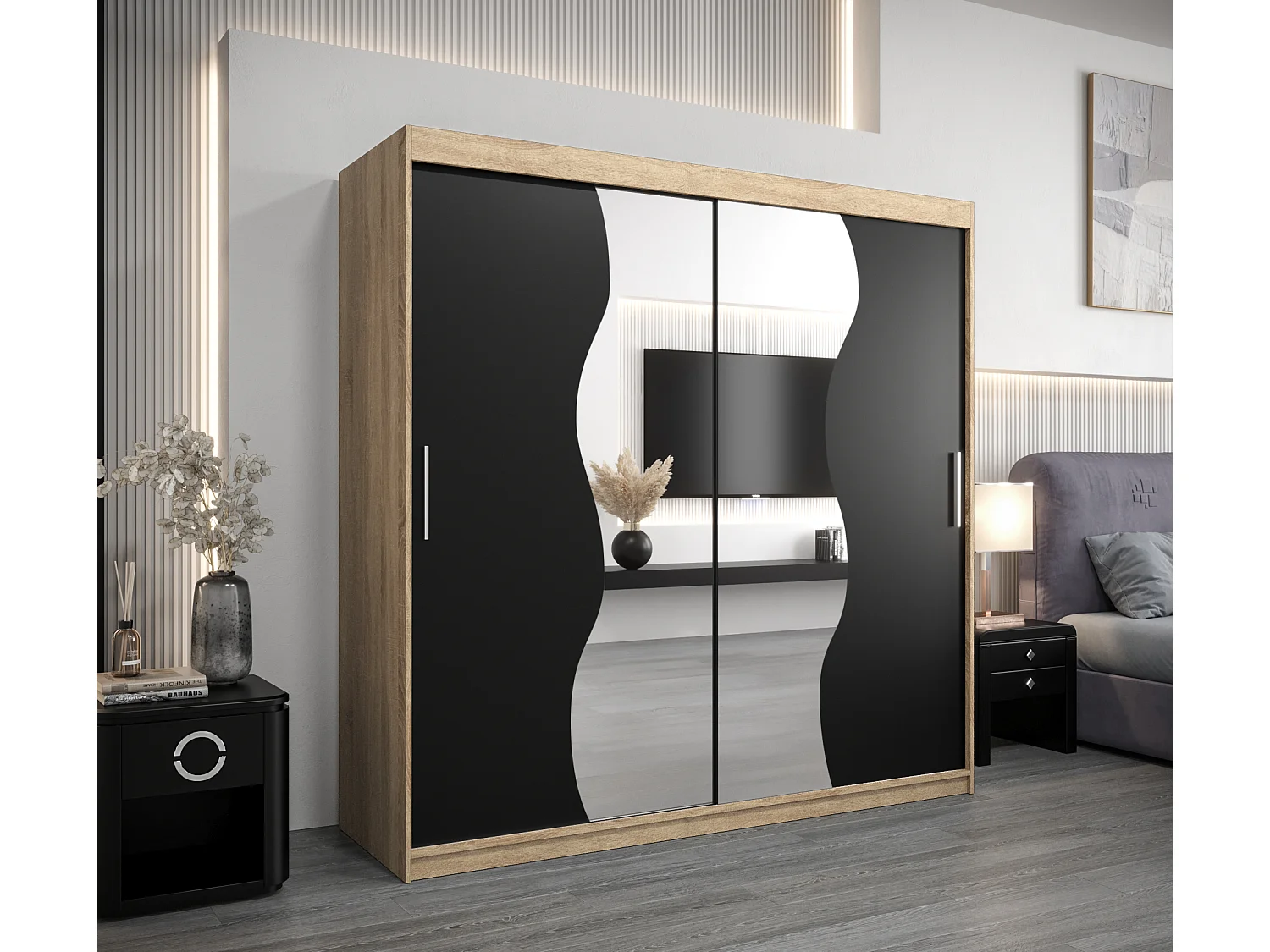 SCHWEBETÜRENSCHRANK MADRYT 200/200/62 2-türig (Sonoma/Schwarz)