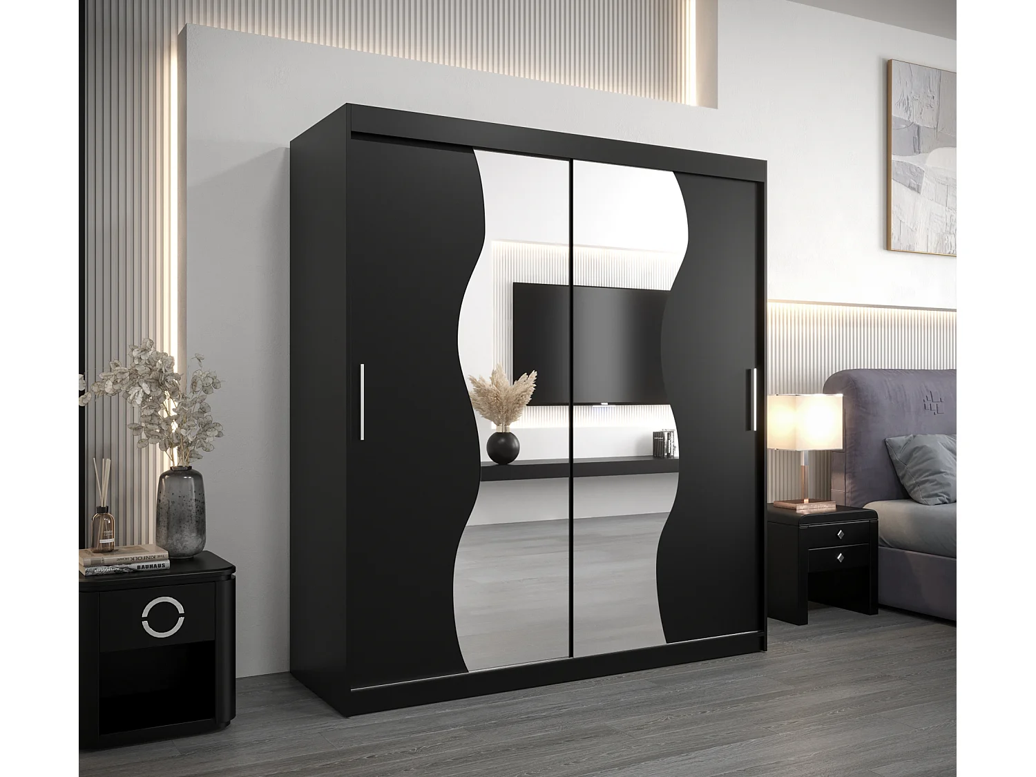 ARMOIRE MADRYT À PORTES COULISSANTES 200/180/62 2 Portes (Noir/Noir)