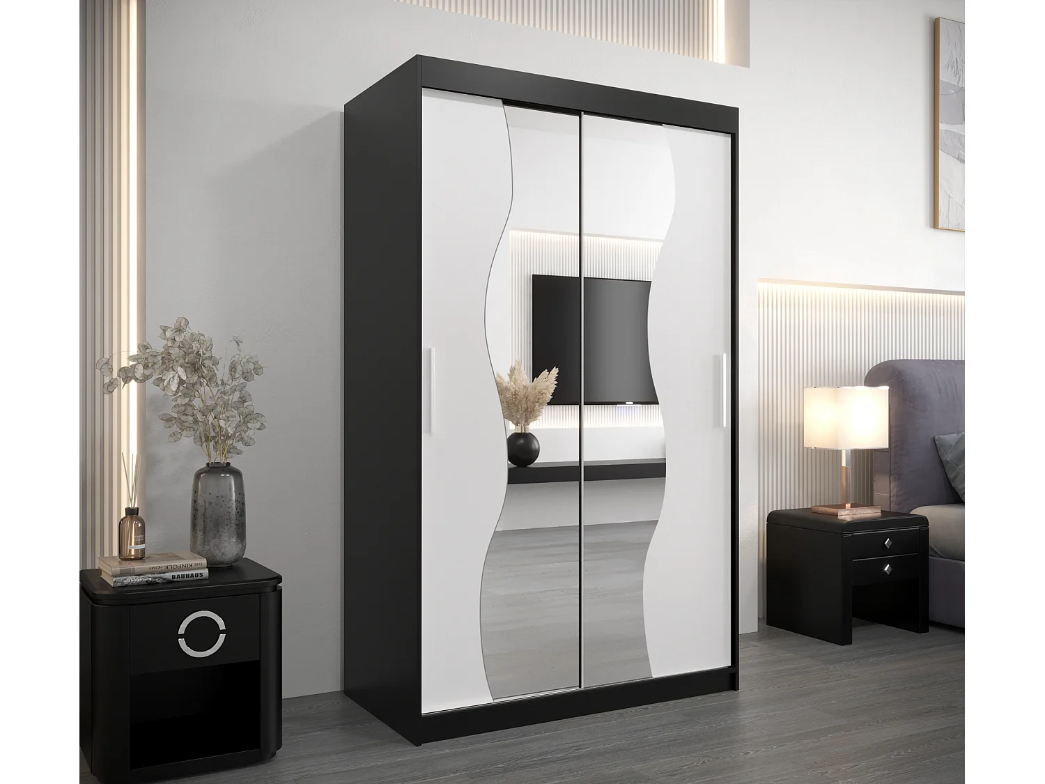 ARMOIRE MADRYT À PORTES COULISSANTES 200/120/62 2 Portes (Noir/Blanc)