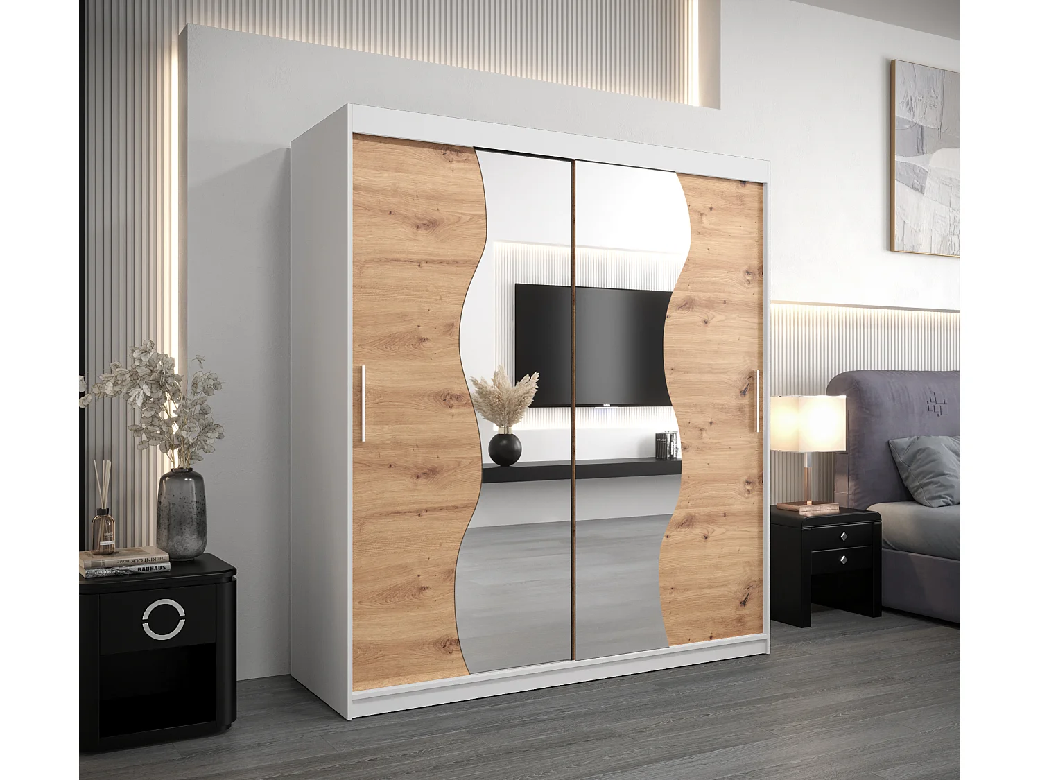 ARMOIRE MADRYT À PORTES COULISSANTES 200/180/62 2 Portes (Blanc/Artisan)