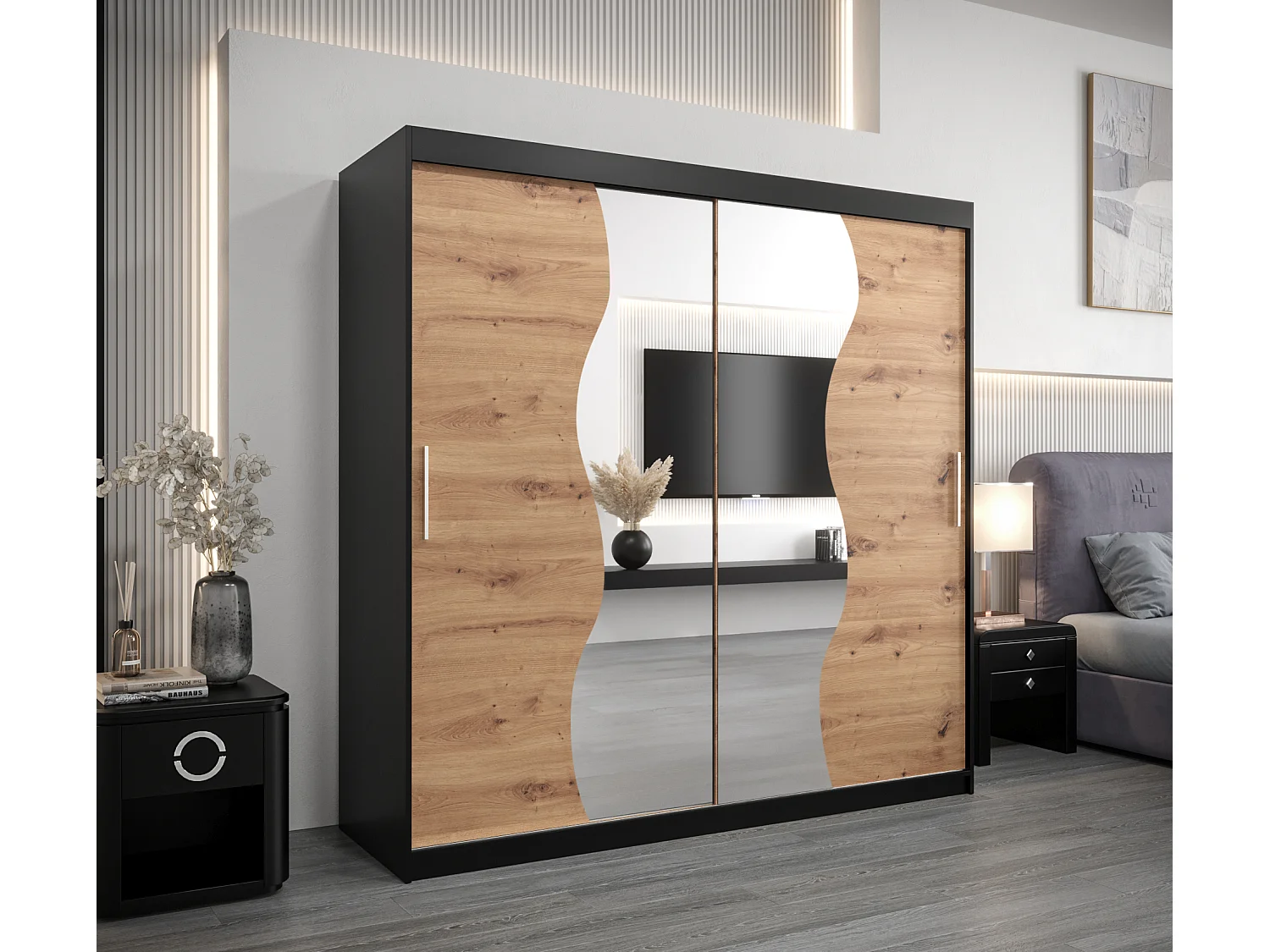 ARMOIRE MADRYT À PORTES COULISSANTES 200/200/62 2 Portes (Noir/Artisan)