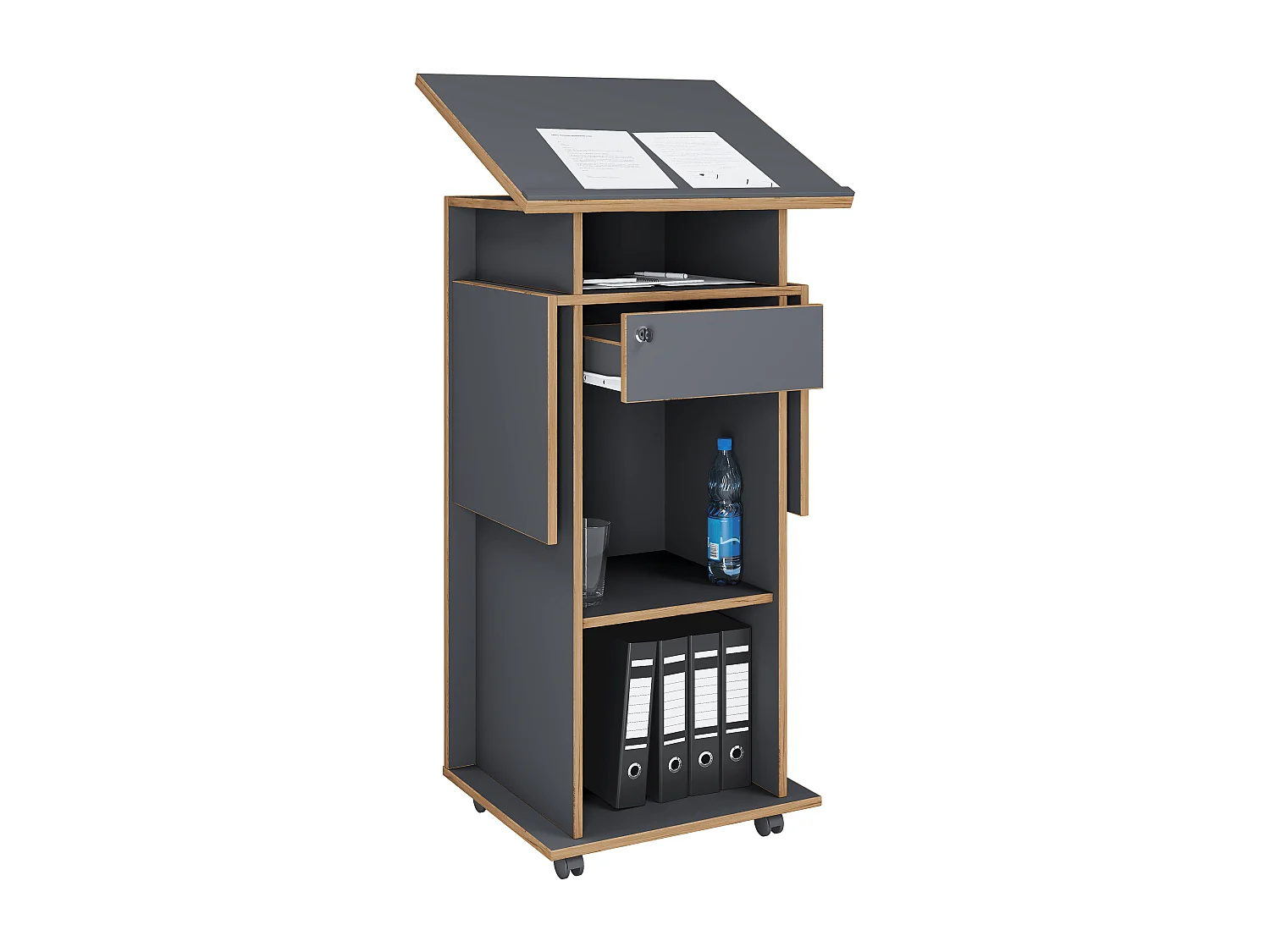 VCM Wood Mobile Speaker Console | Dimensões aprox. A. 107 a 128 cm x L. 60 a 123 cm x P. 44 cm | Rolável com gaveta | Mesa em pé | Mesa de pé - Salia (antracite)