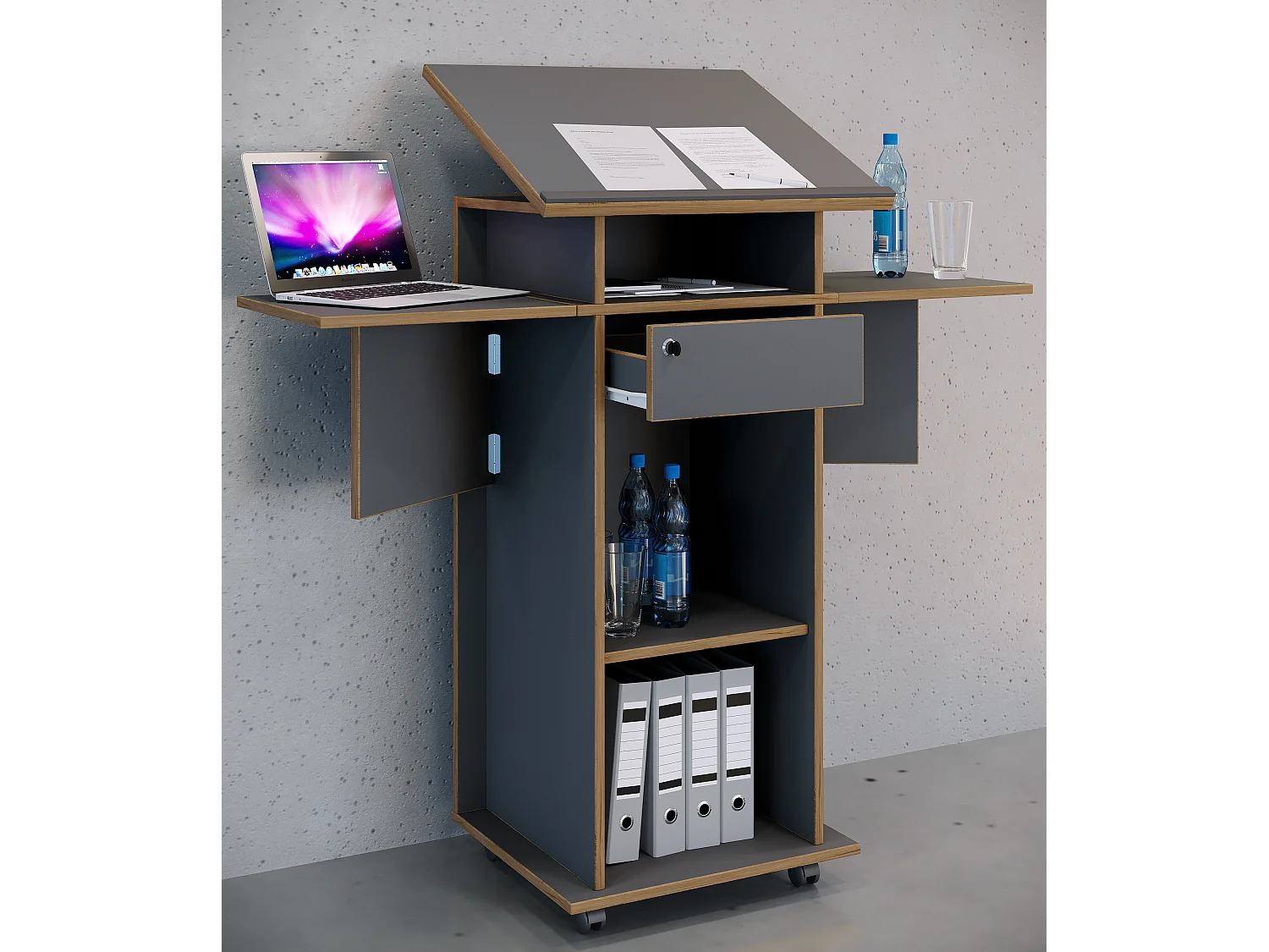 VCM Wood Mobile Speaker Console | Dimensões aprox. A. 107 a 128 cm x L. 60 a 123 cm x P. 44 cm | Rolável com gaveta | Mesa em pé | Mesa de pé - Salia (antracite)