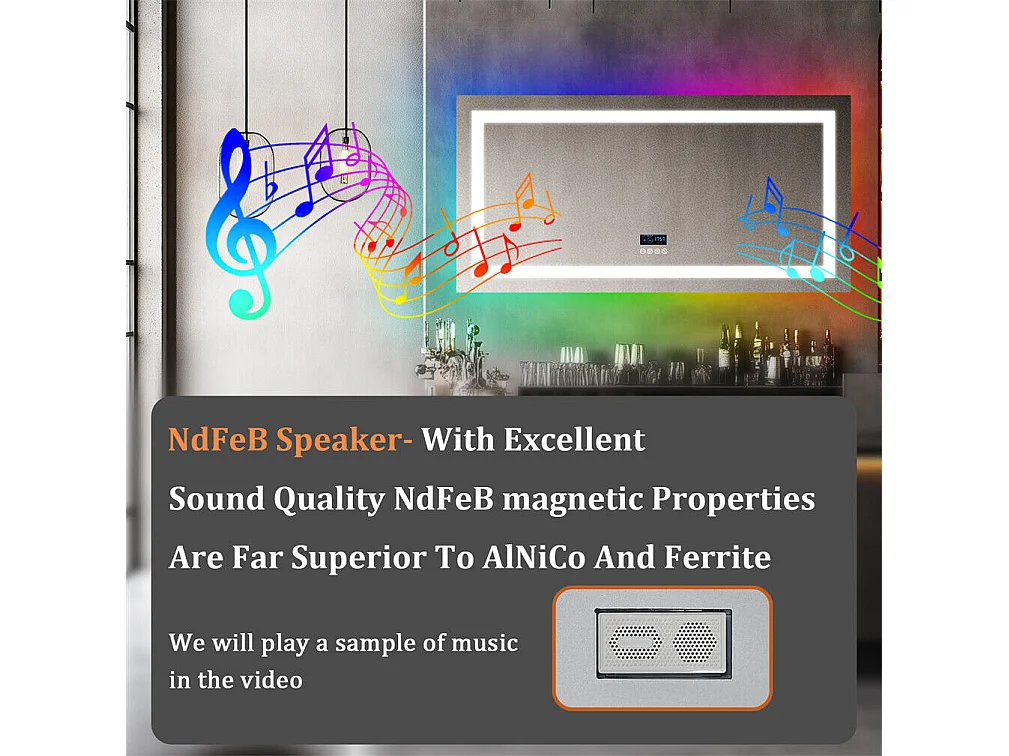 Badezimmerspiegel 120x60cm RGB und LED verstellbar + Antibeschlag + Bluetooth 5.2 + Uhr + 3 Farben 4 Tasten