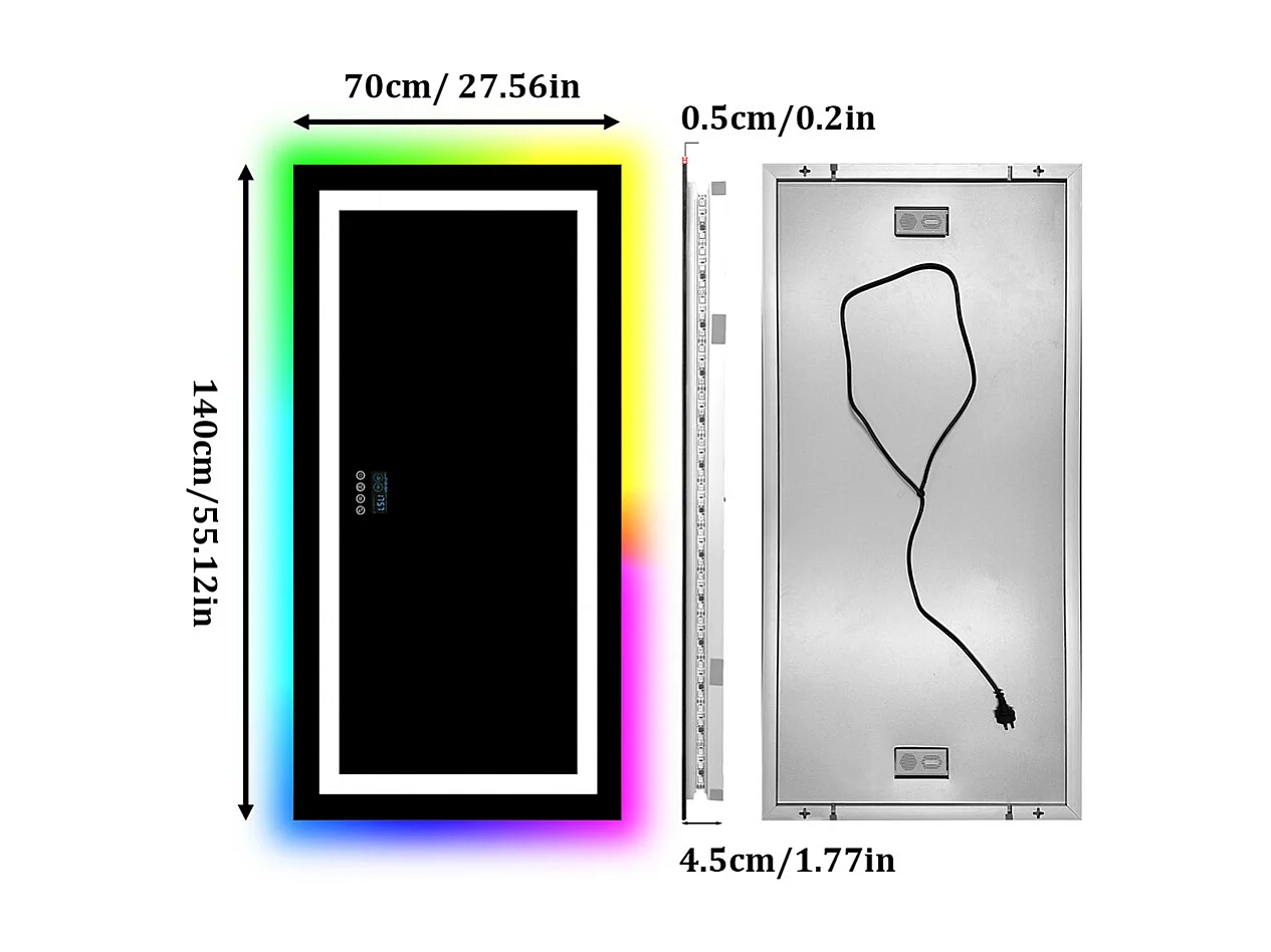 Badezimmerspiegel 120x60cm RGB und LED verstellbar + Antibeschlag + Bluetooth 5.2 + Uhr + 3 Farben 4 Tasten
