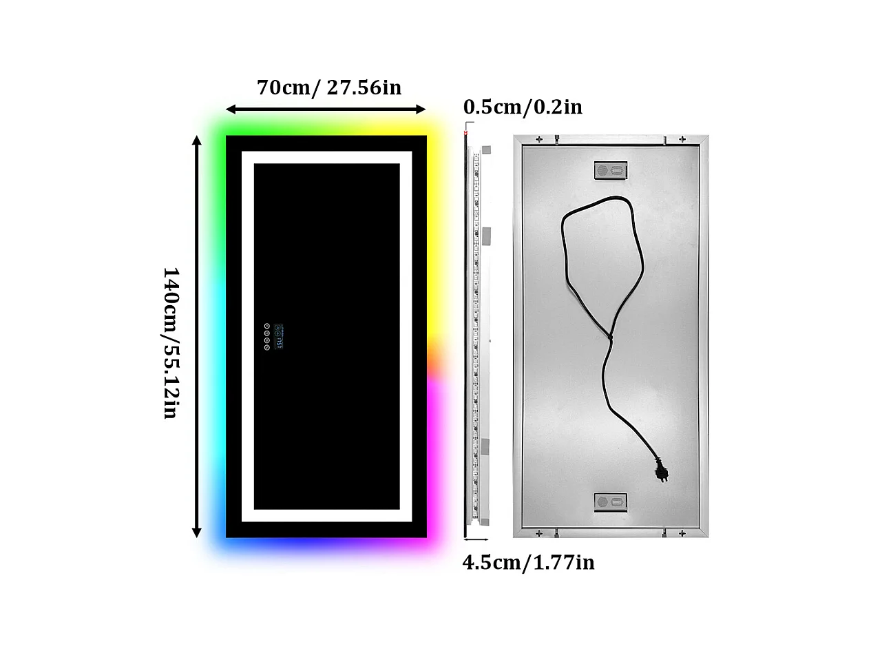 Badkamerspiegel 120x60cm RGB en LED verstelbaar + anti-condens + Bluetooth 5.2 + Klok + 3 kleuren 4 knoppen