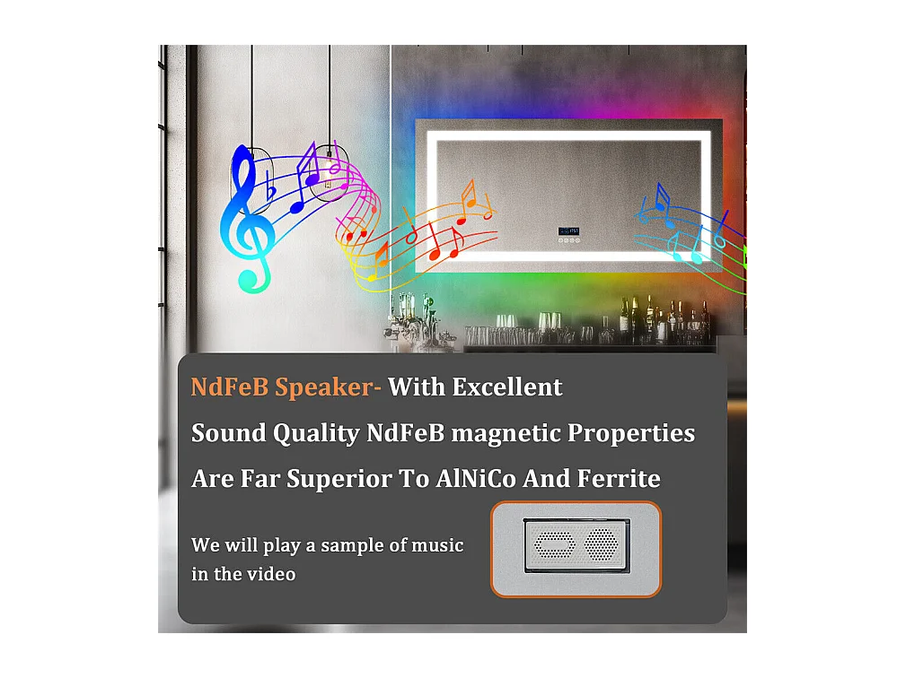 Badkamerspiegel 120x60cm RGB en LED verstelbaar + anti-condens + Bluetooth 5.2 + Klok + 3 kleuren 4 knoppen