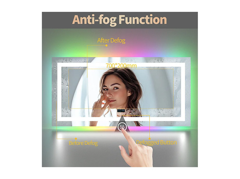 Badkamerspiegel 120x60cm RGB en LED verstelbaar + anti-condens + Bluetooth 5.2 + Klok + 3 kleuren 4 knoppen