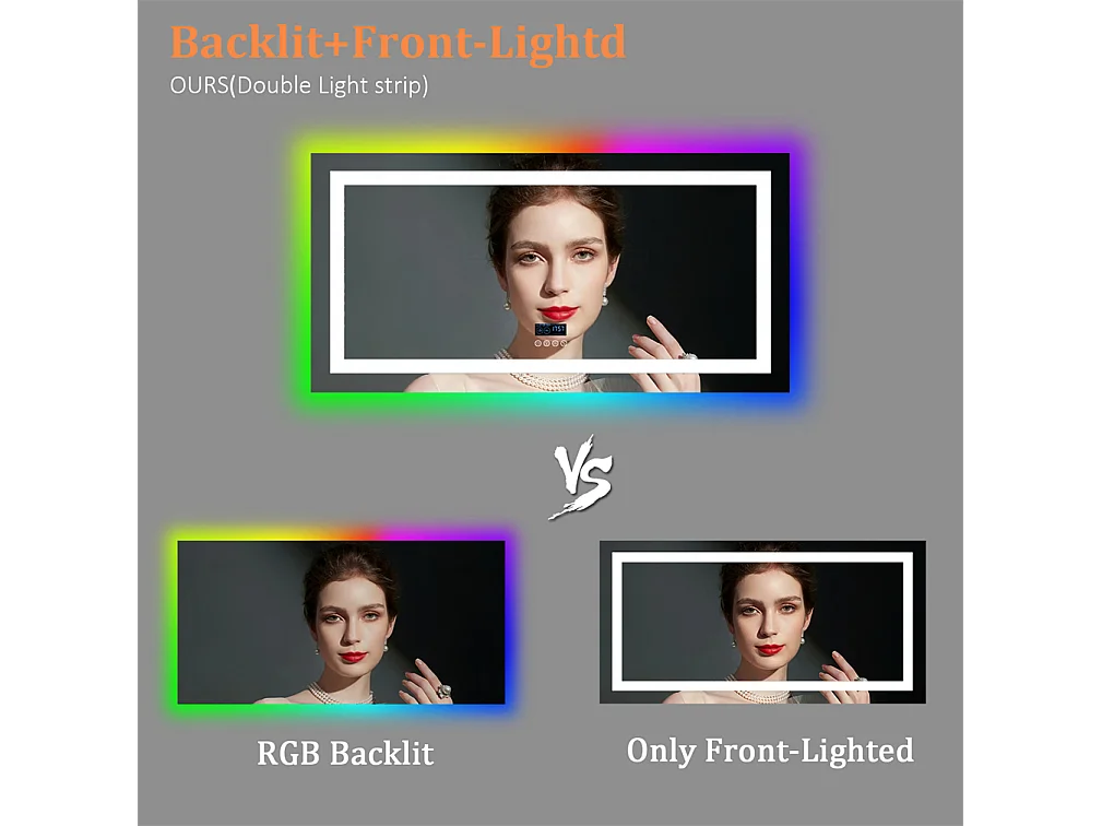 Miroir salle de bain 120x60cm RGB et LED réglable+antibuée+Bluetooth 5.2 +Horloge+3 couleurs 4 boutons