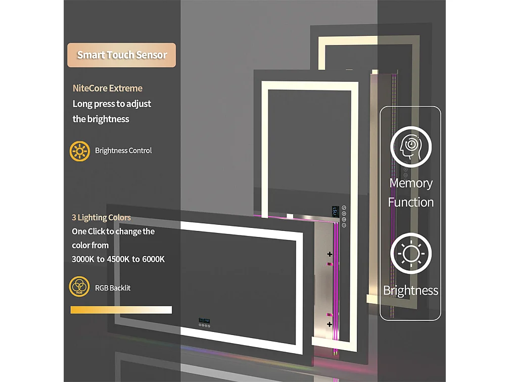 Miroir salle de bain 120x60cm RGB et LED réglable+antibuée+Bluetooth 5.2 +Horloge+3 couleurs 4 boutons